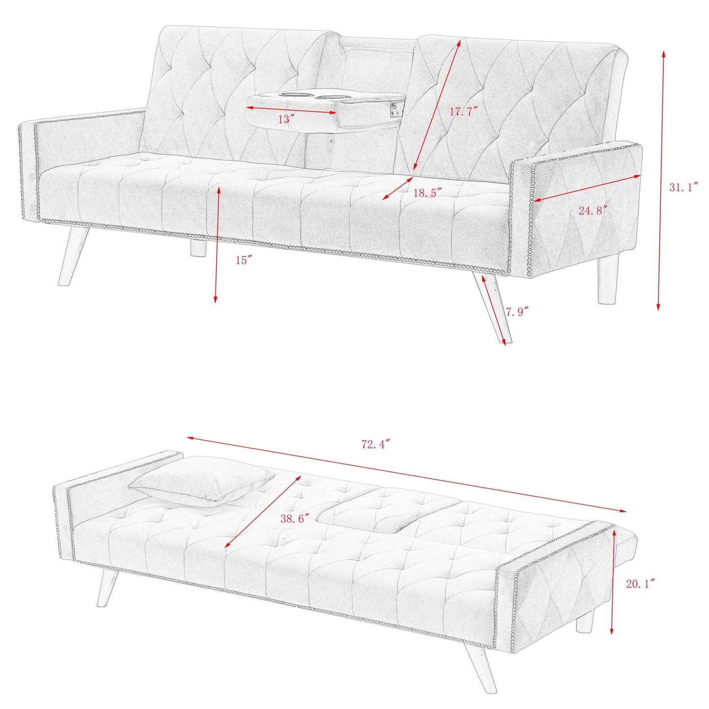 Sofa Bed With Nail Head Trim And Cup Holders - Pink Home Essentials
