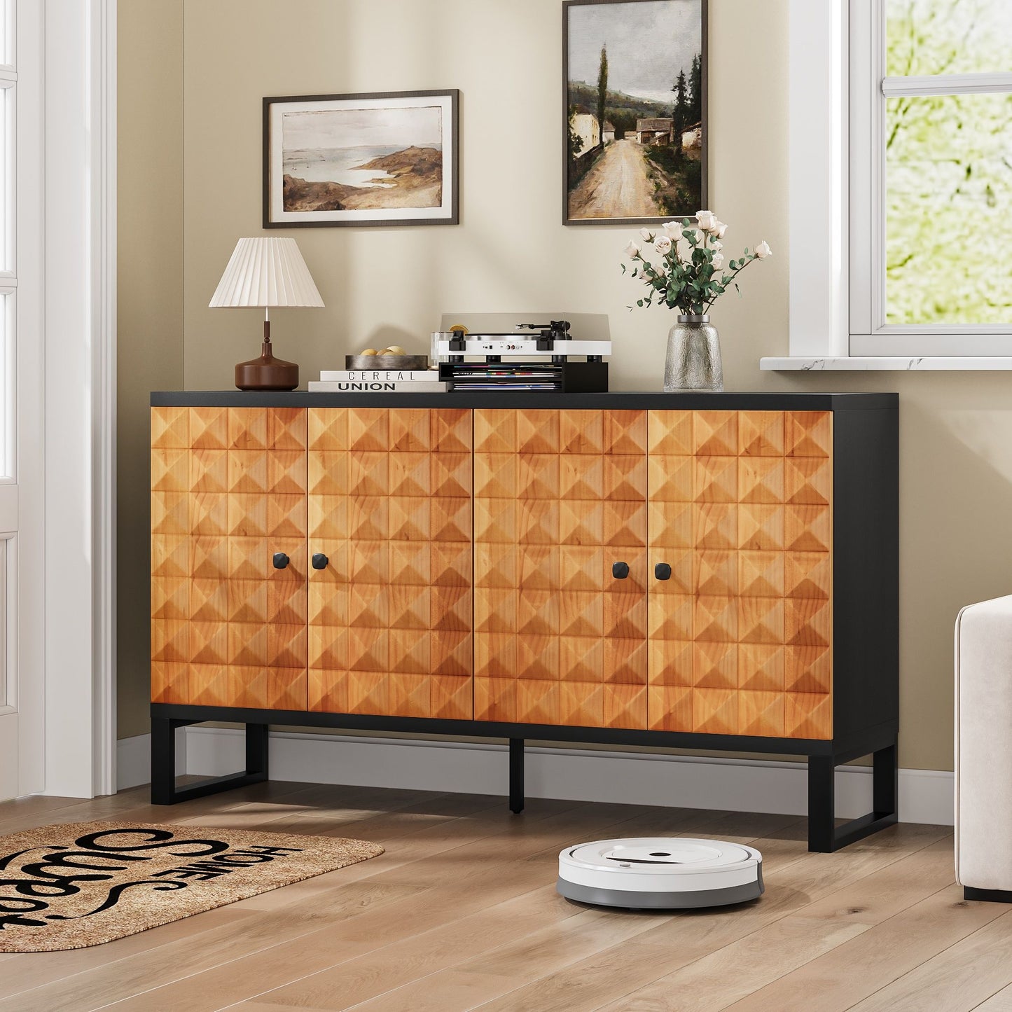 Modern Buffet Cabinet With Storage Space, Retro Style 4 Door Wooden Storage Cabinet, Multifunctional Decorative Cabinet With Geometric Patterns, Suitable For Living Room, Dining Room, Entrance - Orange / Yellow Home Essentials