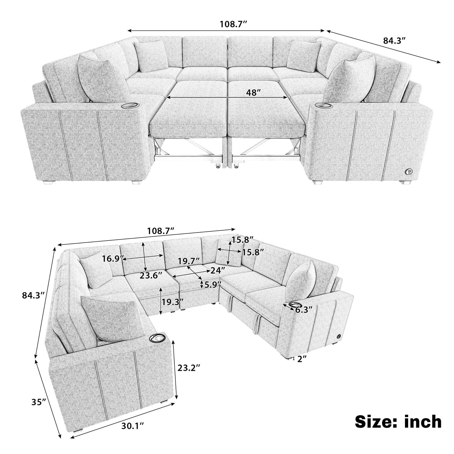 Modern U-Shaped Sectional Sofa Convertible Pull-Out Sofa Bed With USB Ports And Cup Holders Hearth and Haven