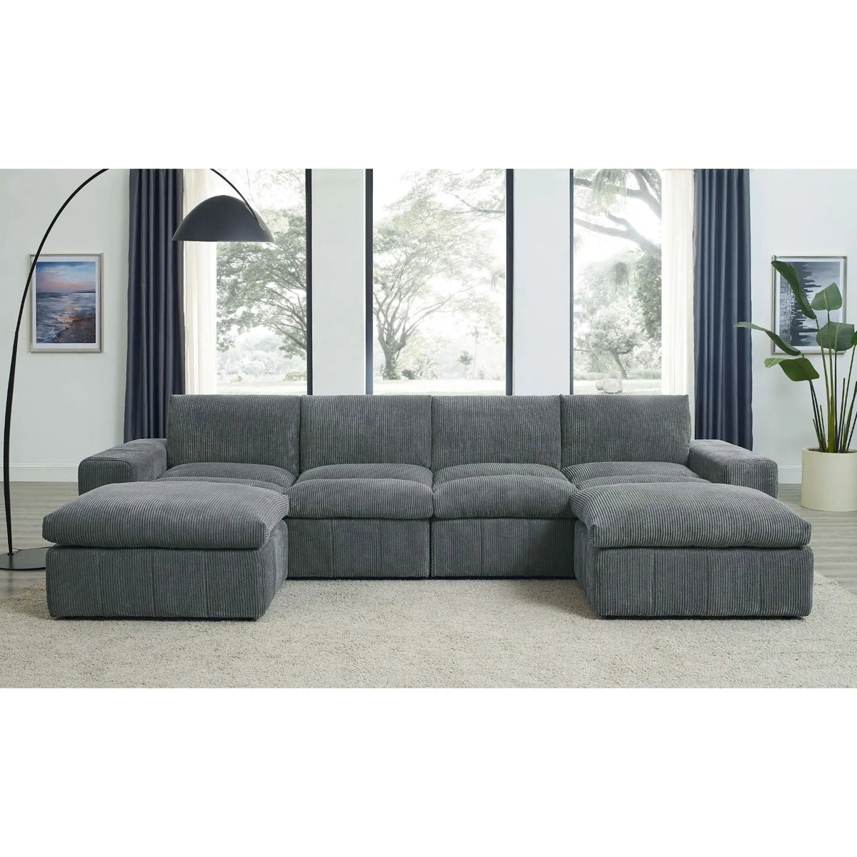Upholstered Sectional With 2 Ottomans Living Room Seating - Dark Gray Home Essentials