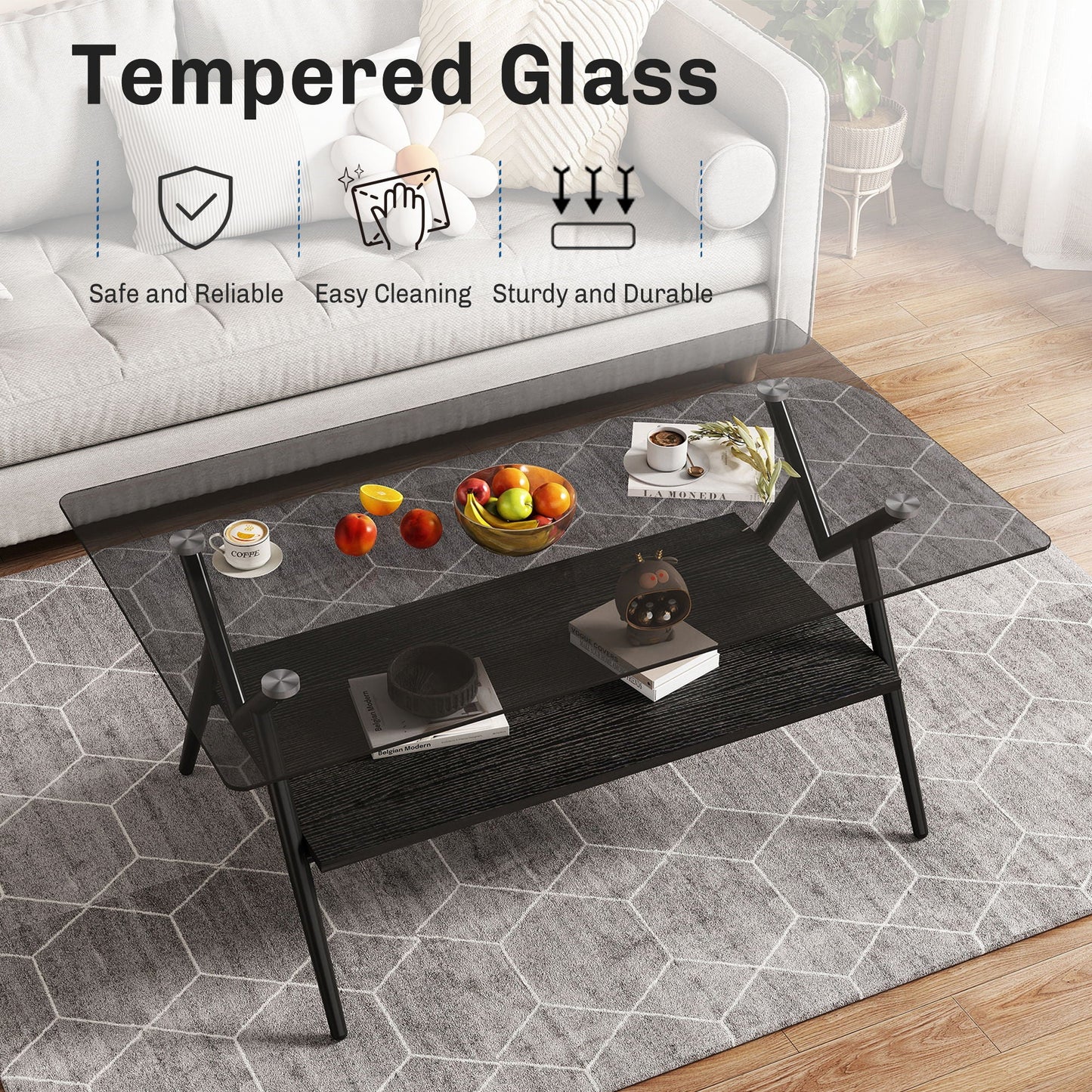 Rectangle Coffee Table With Tempered Glass Top And MDF Shelf, Modern Table For Living Room Home Essentials