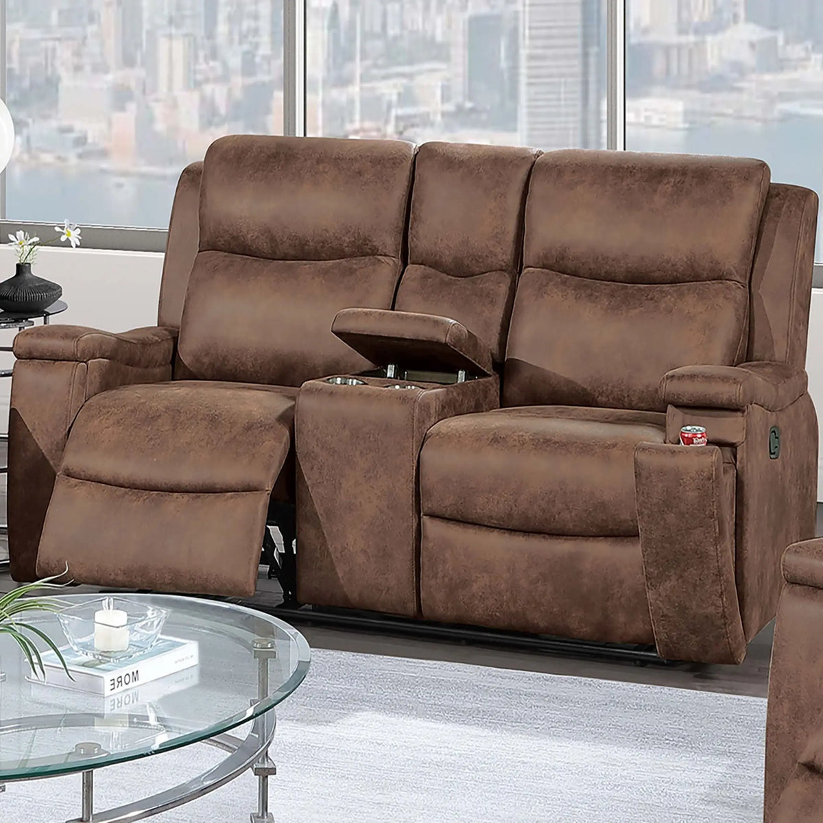 1 Piece Manual Motion Loveseat Hidden Cup Holder Console With Plush Back Cushion For Living Room - Walnut Home Essentials