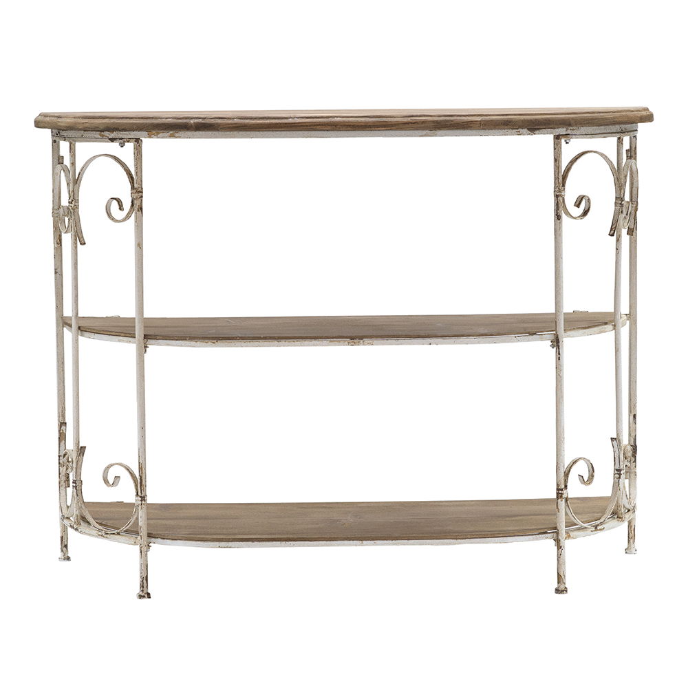 3 Tiered Wooden Shelving Unit With Ornate Iron Frame - Multicolor Home Essentials