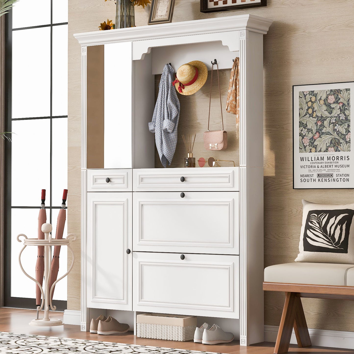 Hall Tree With Integrated Shoe Cabinet And Mirrored Cabinet Door, Coat Hanger, Entryway Bench, 4 In 1 Design, 2 Flip Drawers, 4 Hooks And 2 Cabinets For Entrance, Living Room - White Hearth and Haven