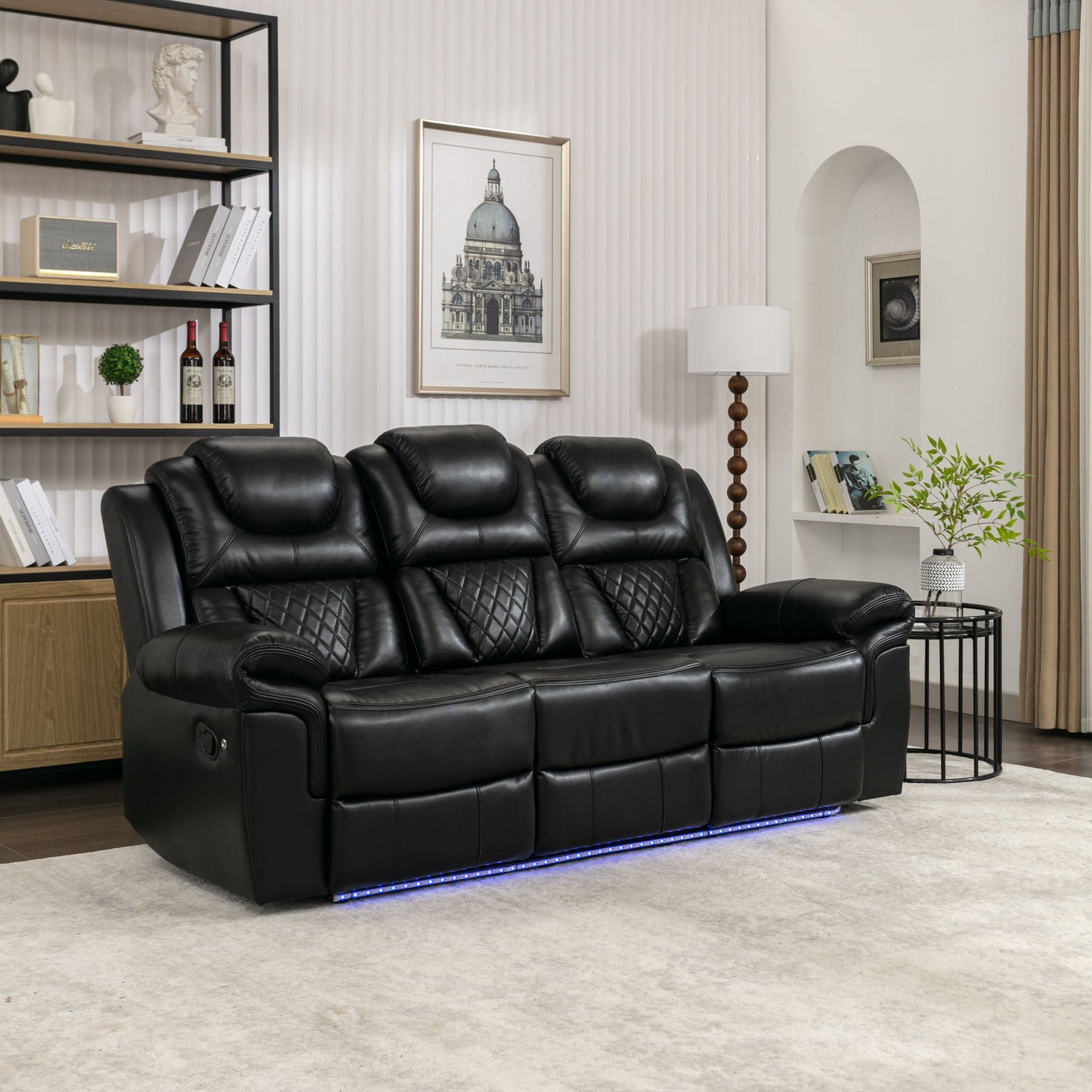 Home Theater Seating Manual Recliner Chair With Center Console And Led Light Strip For Living Room Hearth and Haven