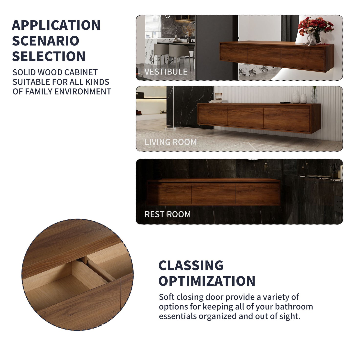 Wall Mounted Bathroom Vanity With Resin Sink And 2 Side Cabinet, 3 Soft Close Drawer - Brown Ebony Home Essentials