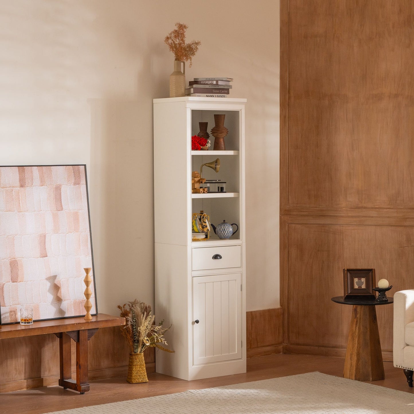 Retro Style 75'' Tall Display Shelf With Cabinet For Hallways Living Room Kitchen - White Hearth and Haven