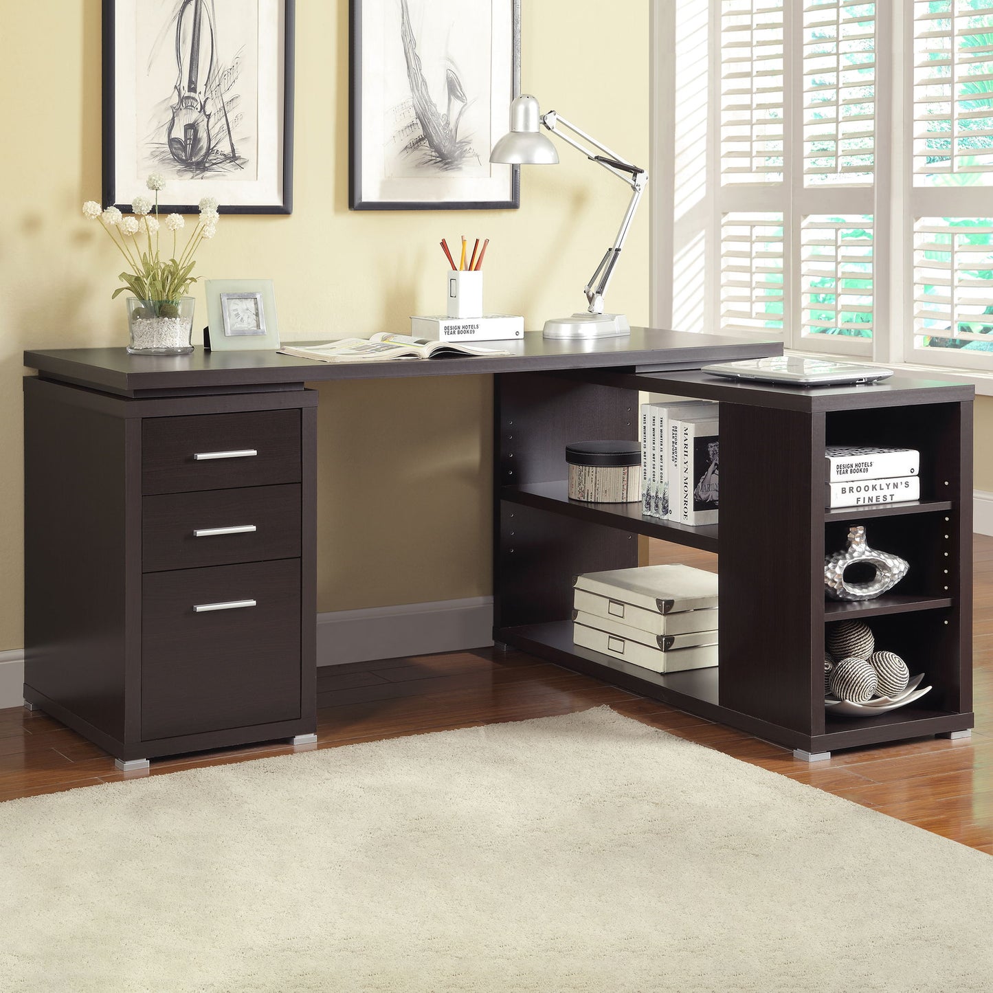 Transitional L Shape Computer Desk With Multiple Storage And Built In File Cabinet Home Essentials