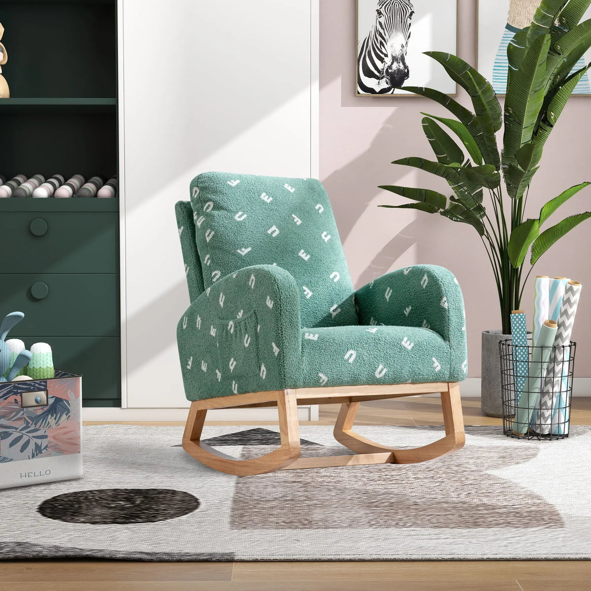 Modern Accent Rocker Armchair With Side Pocket, Upholstered High Back Home Essentials