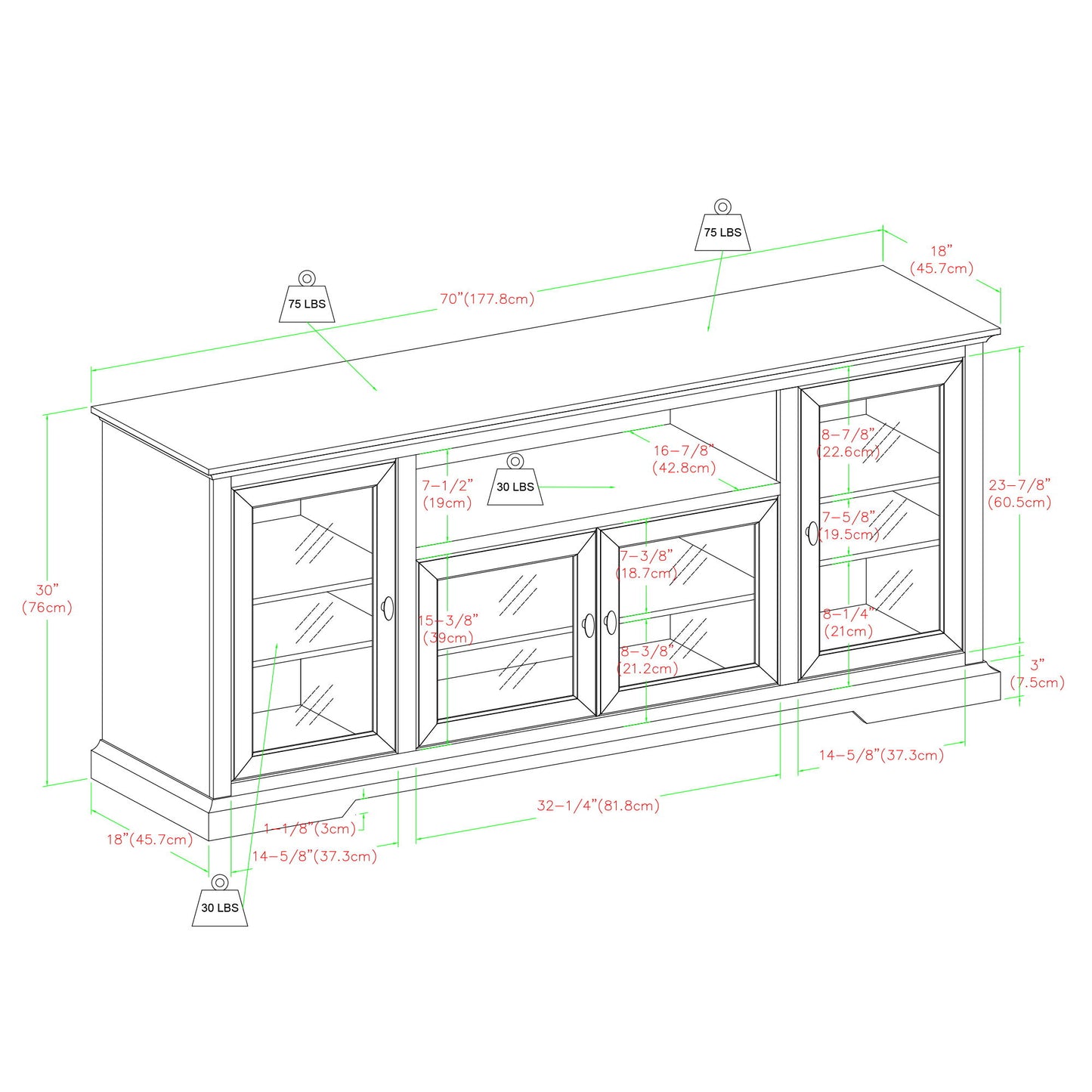 Transitional Classic 70" TV Stand For 80" TVs With 4 Glass Doors Walker Edison