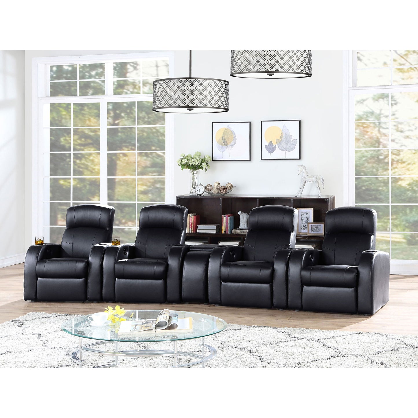 Greenfield - 4 Seater Home Theater With Wedge Console Recliners With Built In Storage And Cup Holders - Black Furniture Max