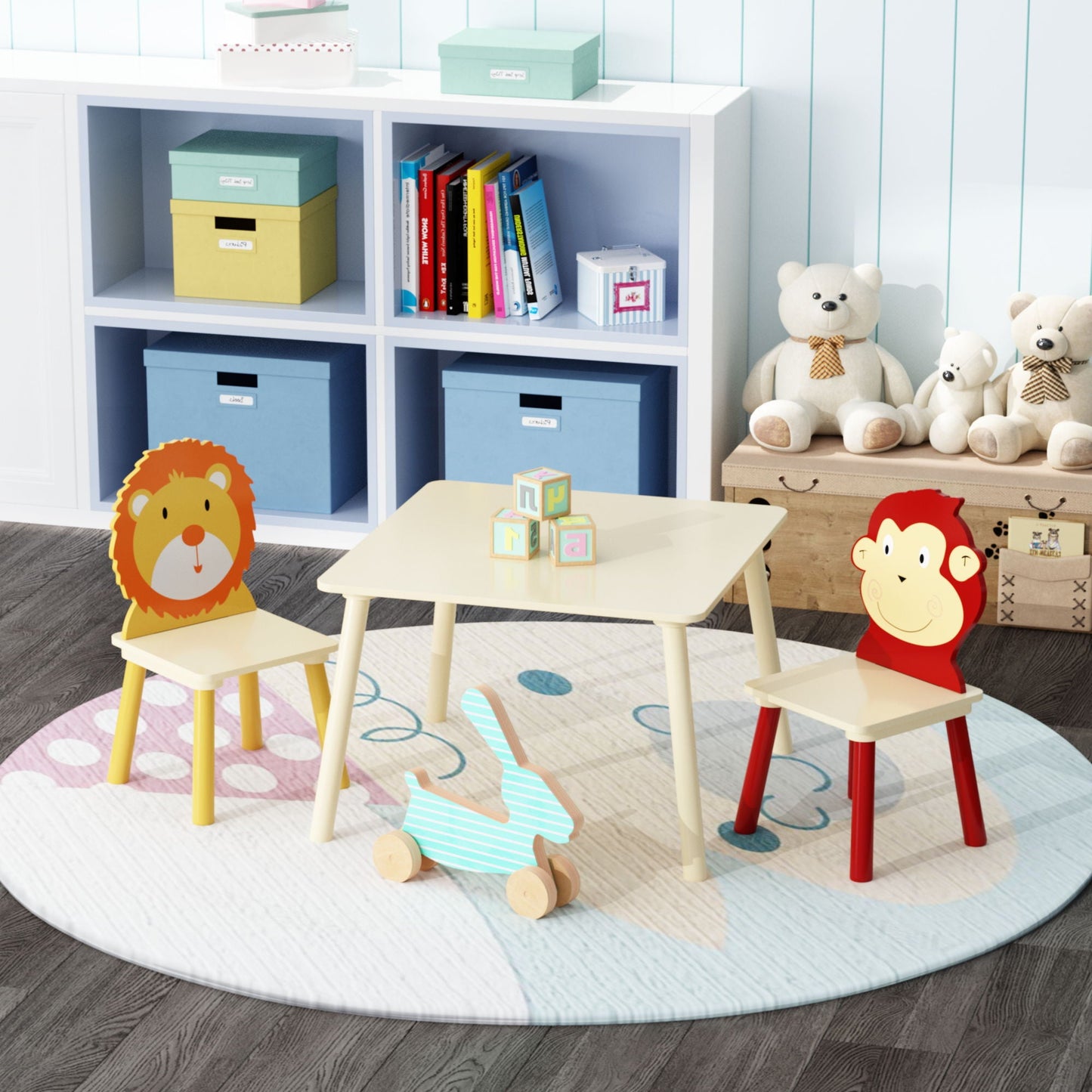 Kids Table And 2 Chairs Set, 3 Pieces Toddler Table And Chair Set, Wooden Activity Play Table Set (Lion&Monkey) - Natural Home Essentials