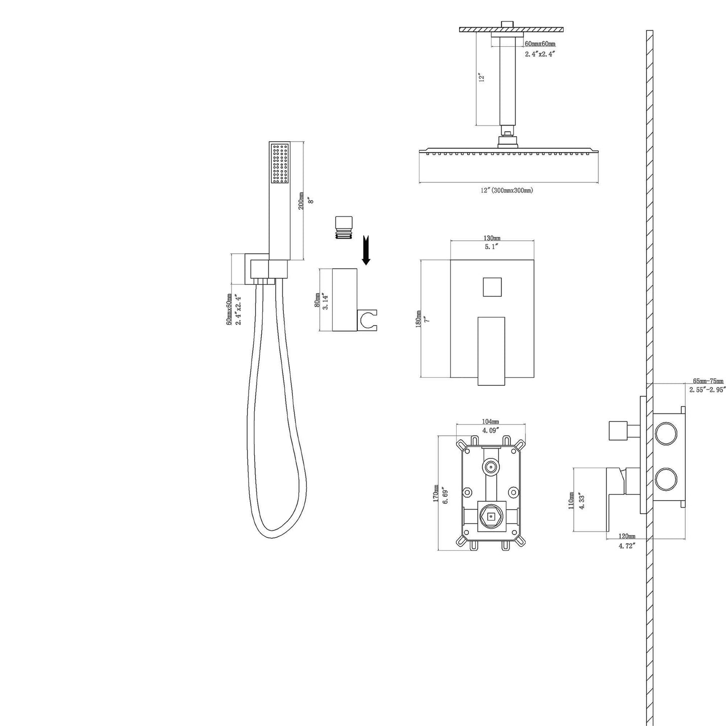 Luxury Dual Shower Head System 12" Ceiling Mount With Rough In Valve, Stainless Steel And Brass Daily Nest