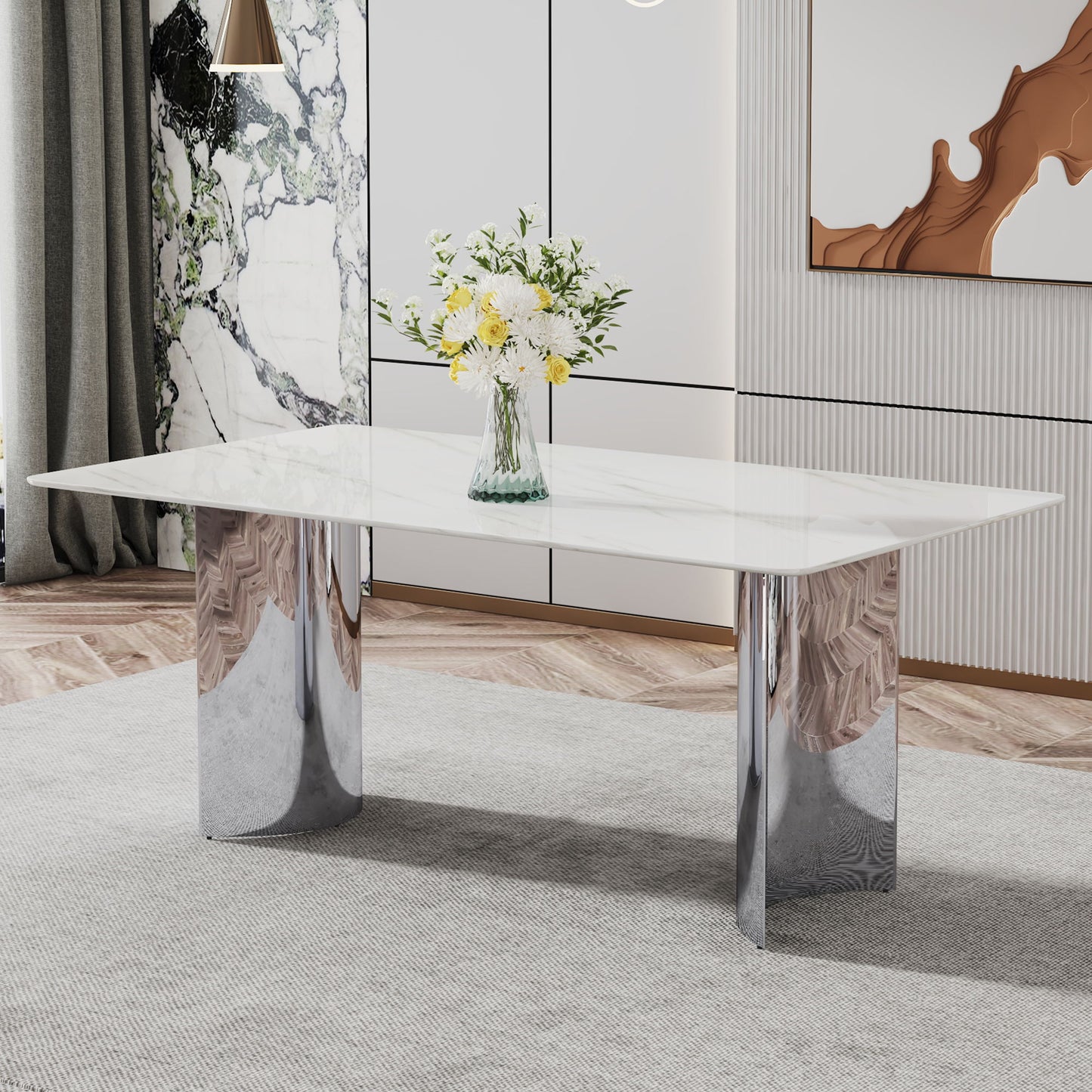 Modern Minimalist Dining Table With Imitation Marble Glass Desktop And Metal Legs Home Essentials