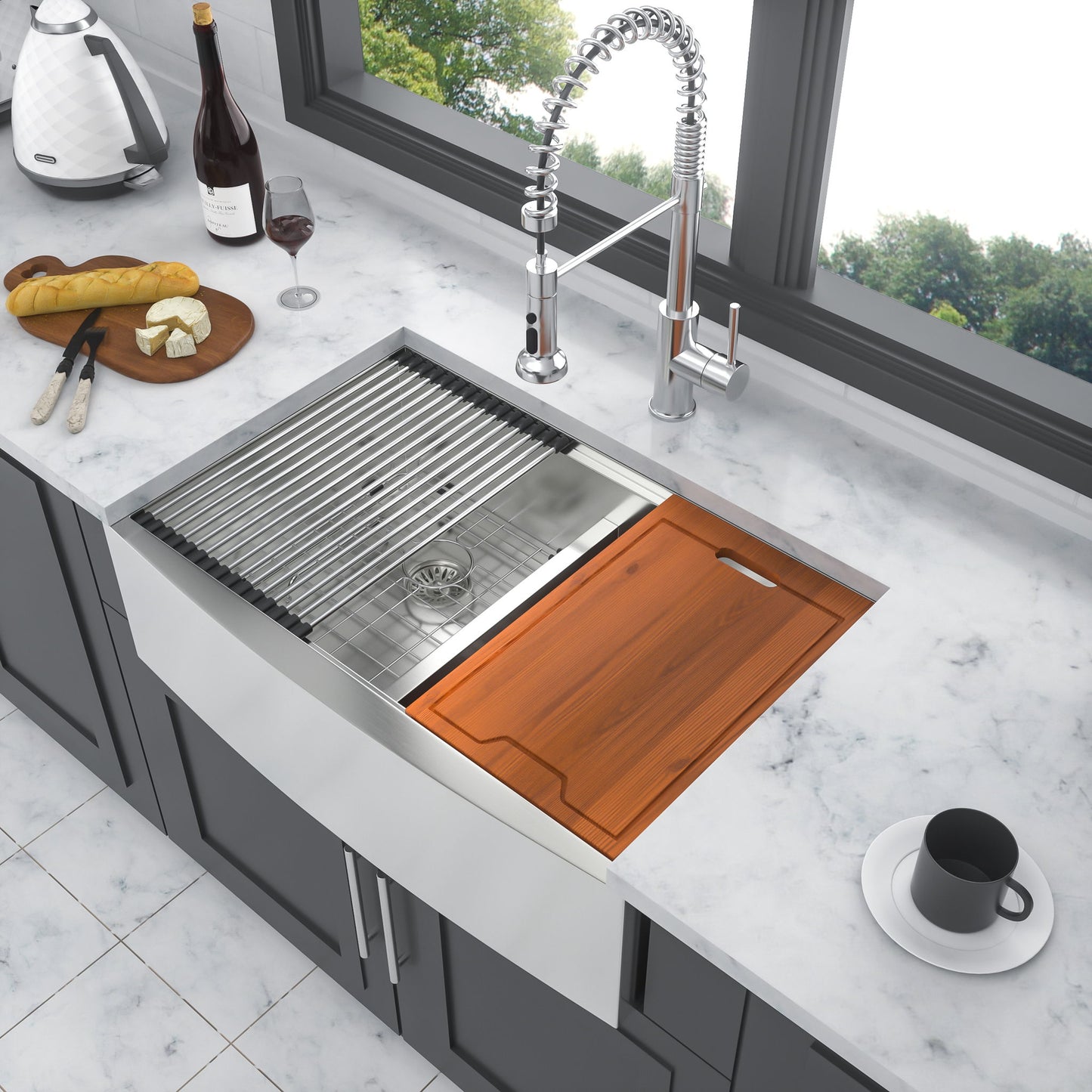 Farmhouse Double Bowl Workstation Kitchen Sink 33" Stainless Steel 16 Gauge Apron Front, Finish - White Daily Nest