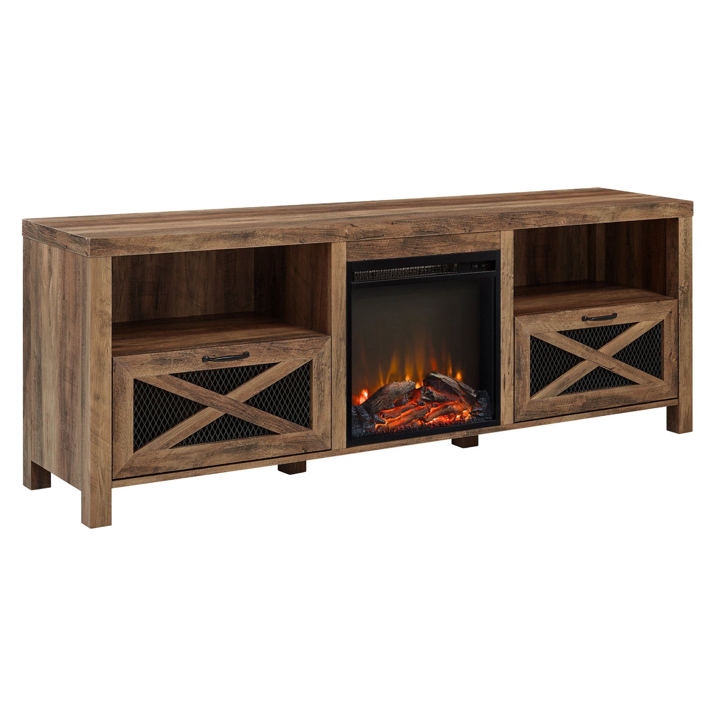 Industrial Farmhouse Metal Mesh Drop Down X Door Fireplace TV Stand Walker Edison
