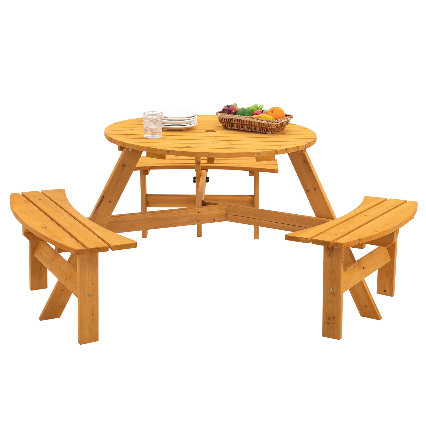 6 Person Circular Outdoor Wooden Picnic Table For Patio, Backyard, Garden, Diy With 3 Built-In Benches, 1720Lb Capacity Home Essentials