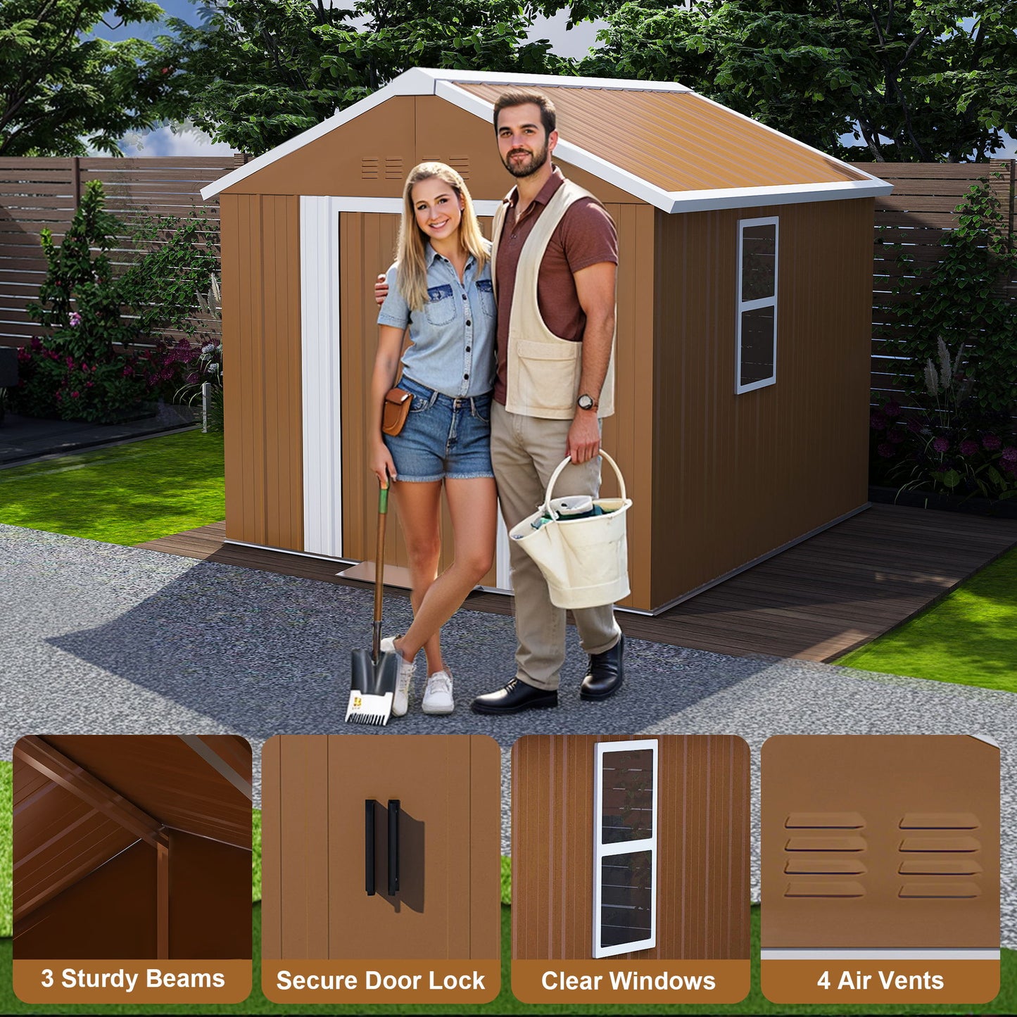 Heavy Duty Metal Storage Shed With Windows, Lockable Door & Ventilation, Weatherproof Outdoor Garden Shed For Backyard, Brown Iron 6X4 Ft Daily Nest