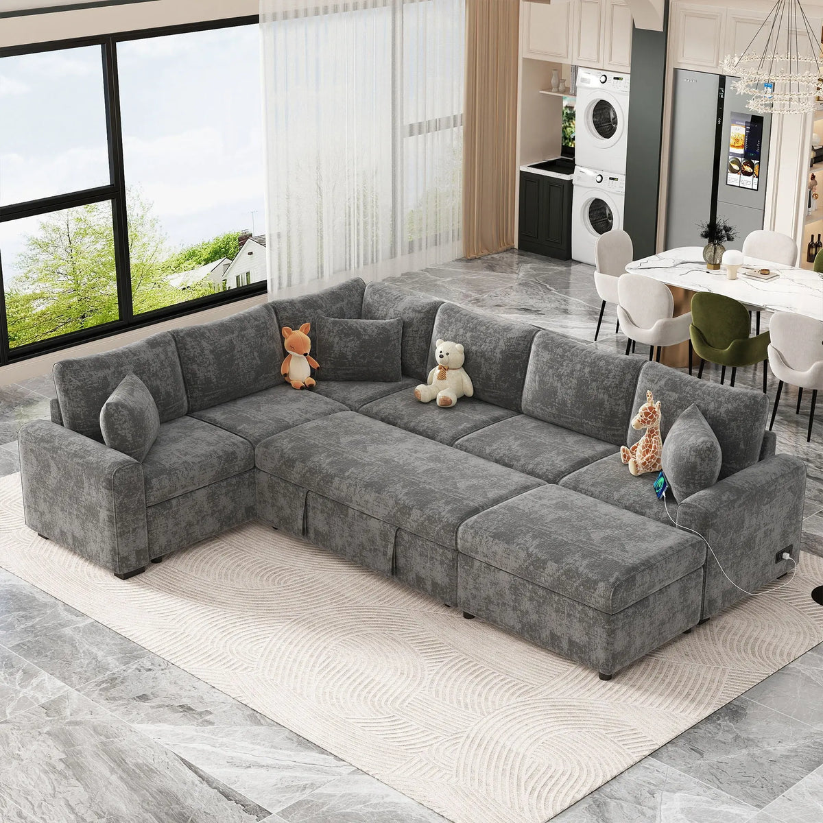 Sectional Sofa Pull-Out Sofa Bed Sleeper With A Storage Ottoman, Three Pillows And Charging Devices For Living Room Hearth and Haven