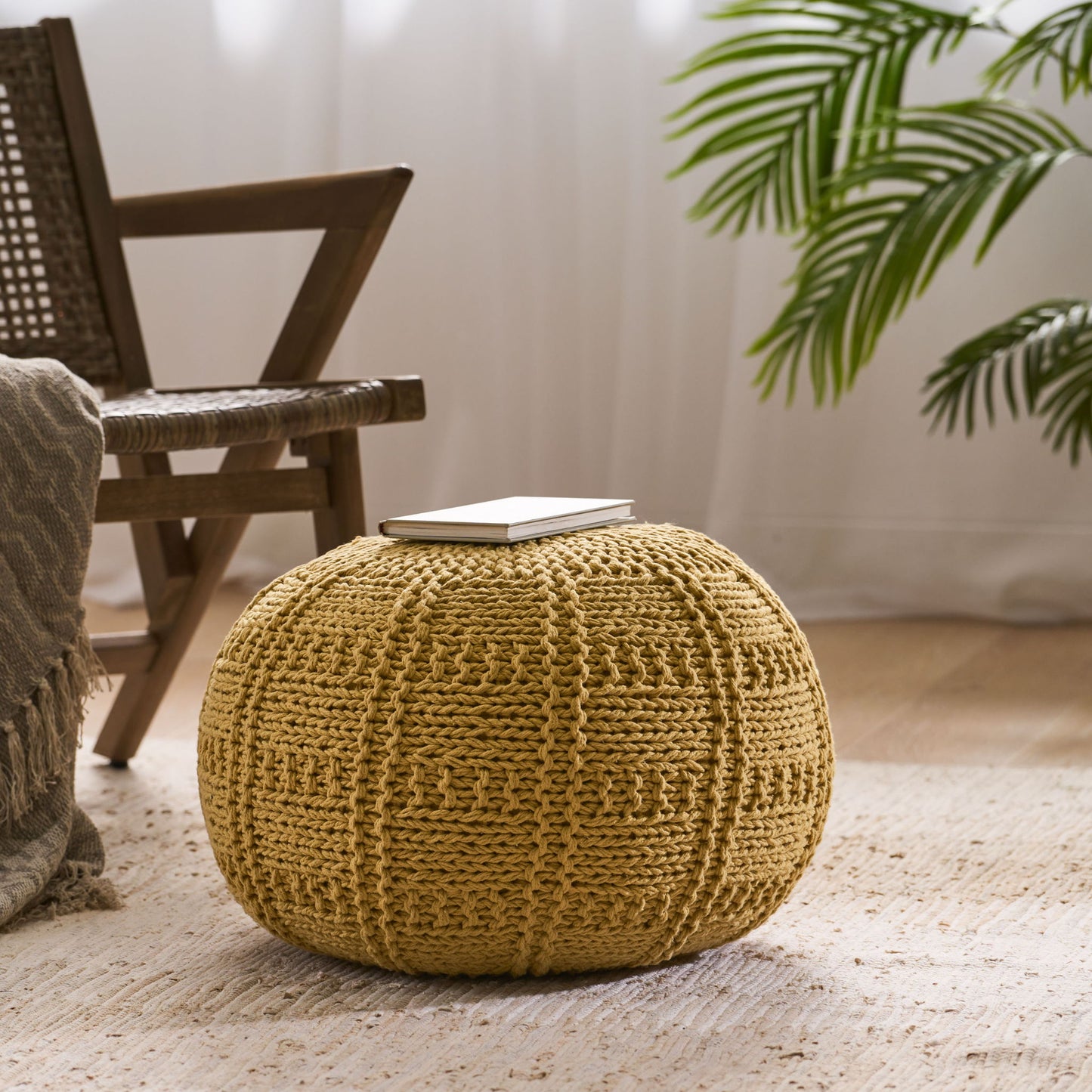 Yuny - Knitted Cotton Round Pouf With Modern Design - Yellow Noble House