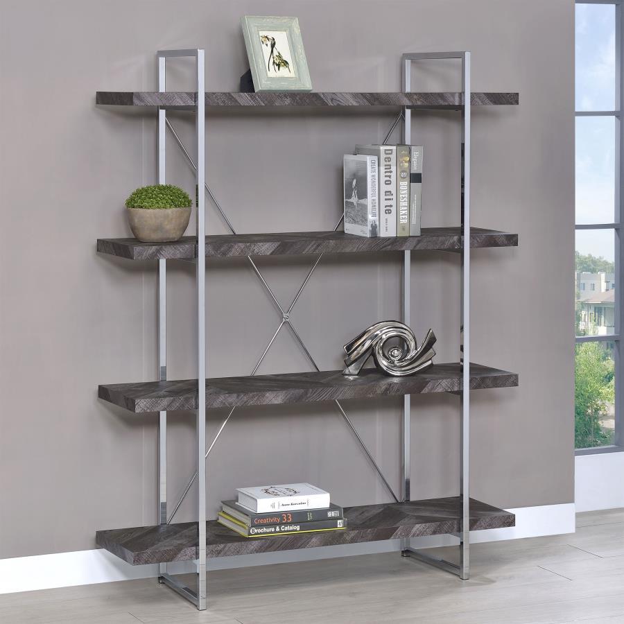 Grimma - 4-Shelf Bookshelf - Rustic Gray And Chrome CoasterEssence