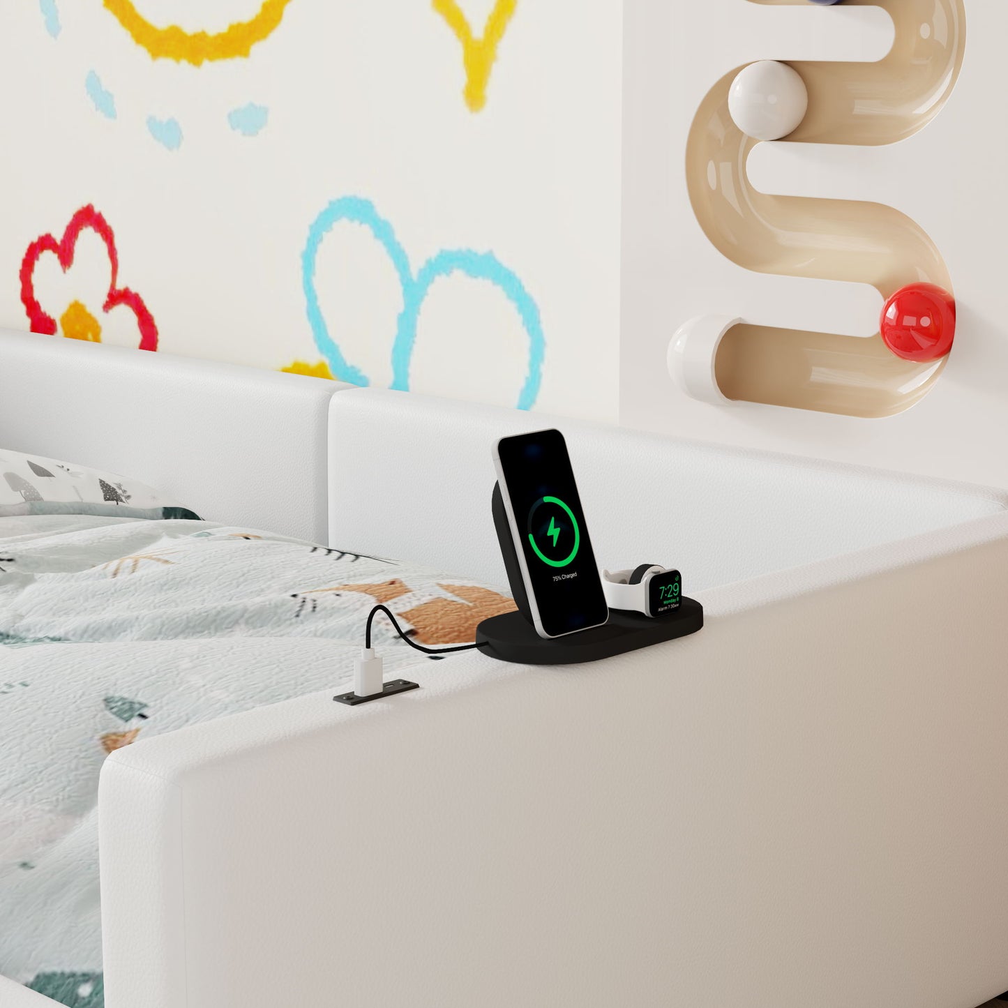 Platform Bed With Guardrail And Charging Station Dreamland