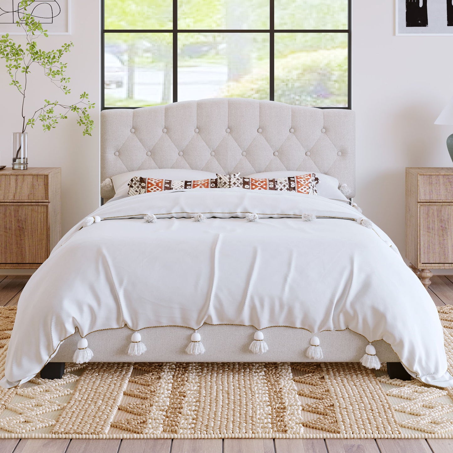 Upholstered Platform Bed With Saddle Curved Headboard And Diamond Tufted Details