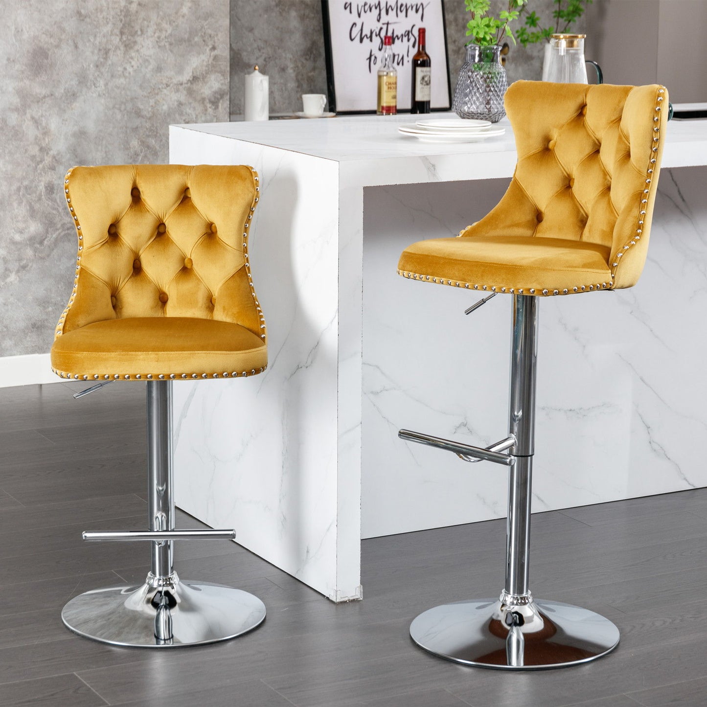 Swivel Velvet Barstools Adjusatble Seat Height From 25-33", Modern Upholstered Chrome Base Bar Stools With Backs Comfortable Tufted For Home Pub And Kitchen Island (Set of 2) Home Essentials