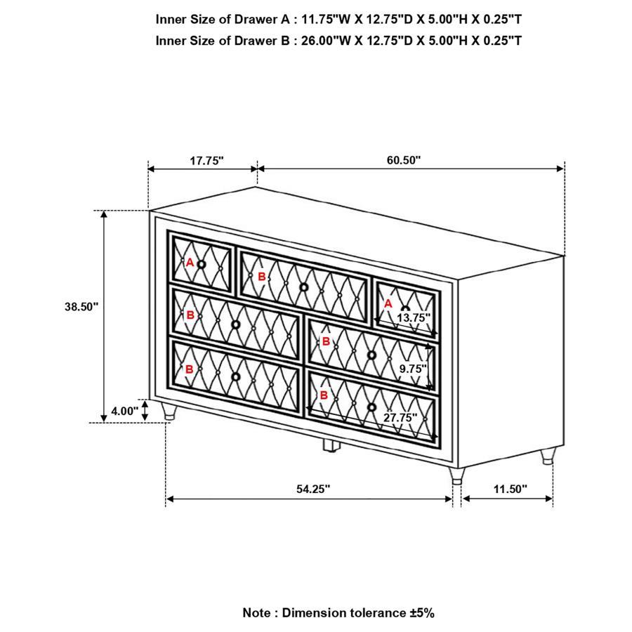Antonella - 7-Drawer Upholstered Dresser CoasterElevations