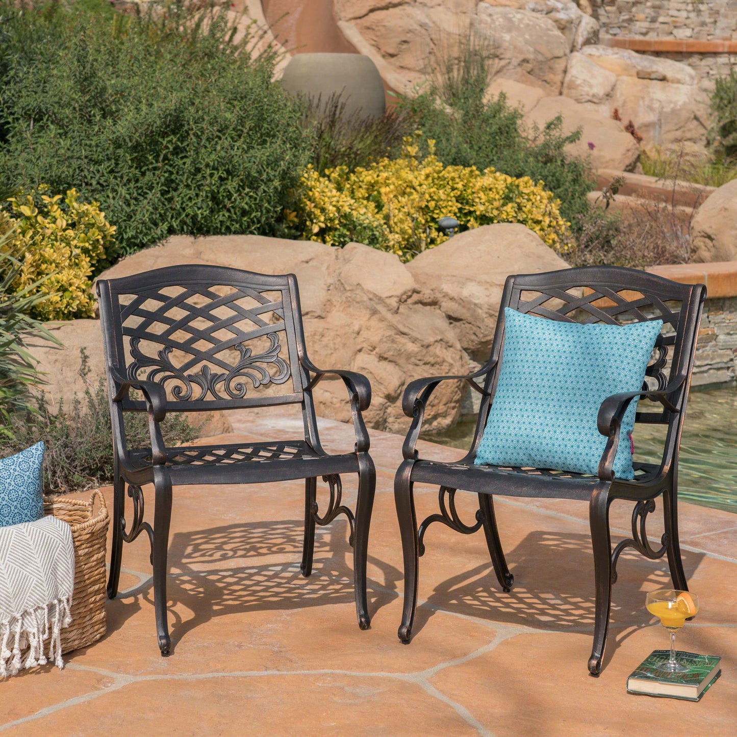 Luminea - Outdoor Aluminum Dining Chair With Scroll Design, Lattice Pattern And Cabriole Legs - Copper Noble House