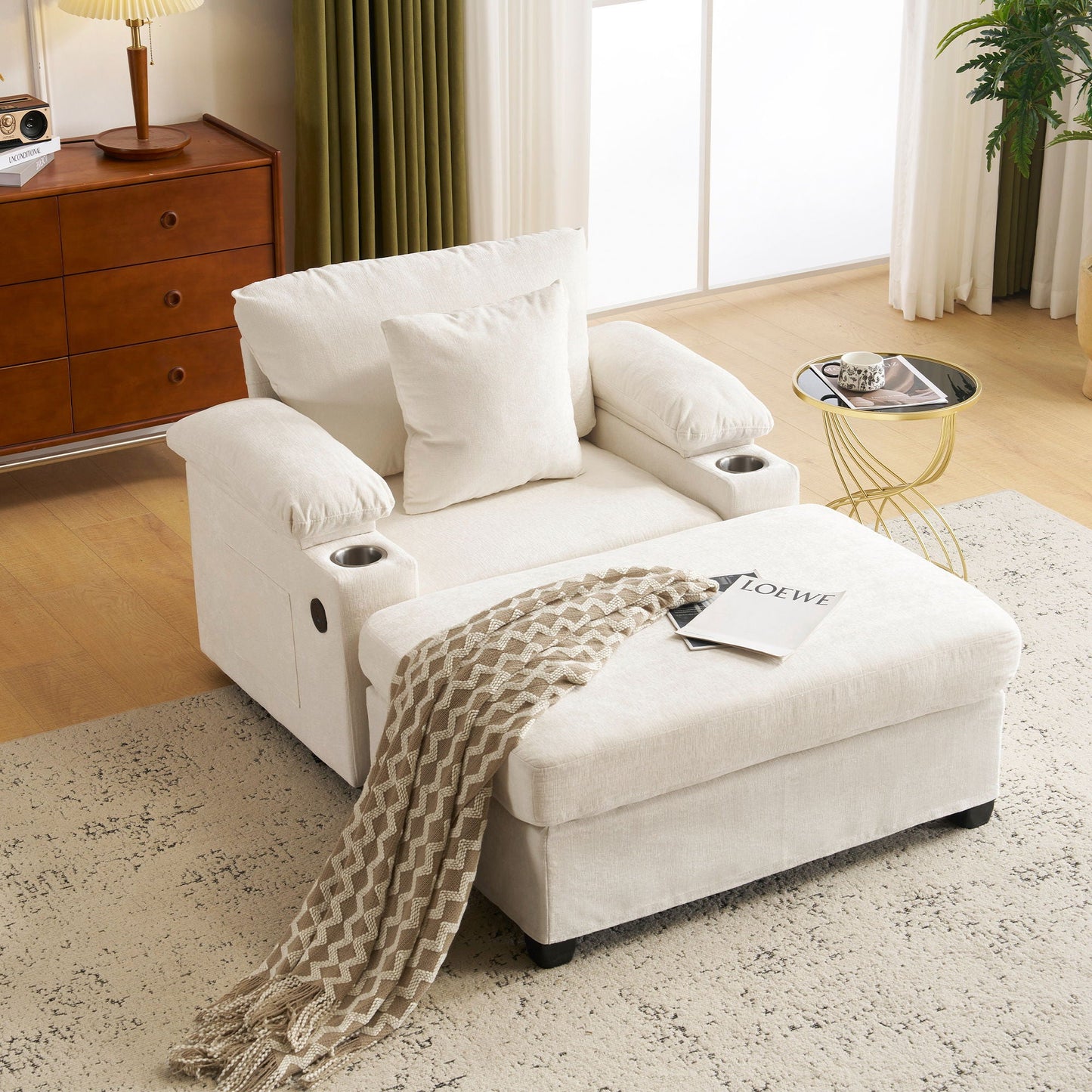 Chenille Fabric Sofa Bed With Cupholders And USB Charging Ports Chair For Living Room Home Essentials