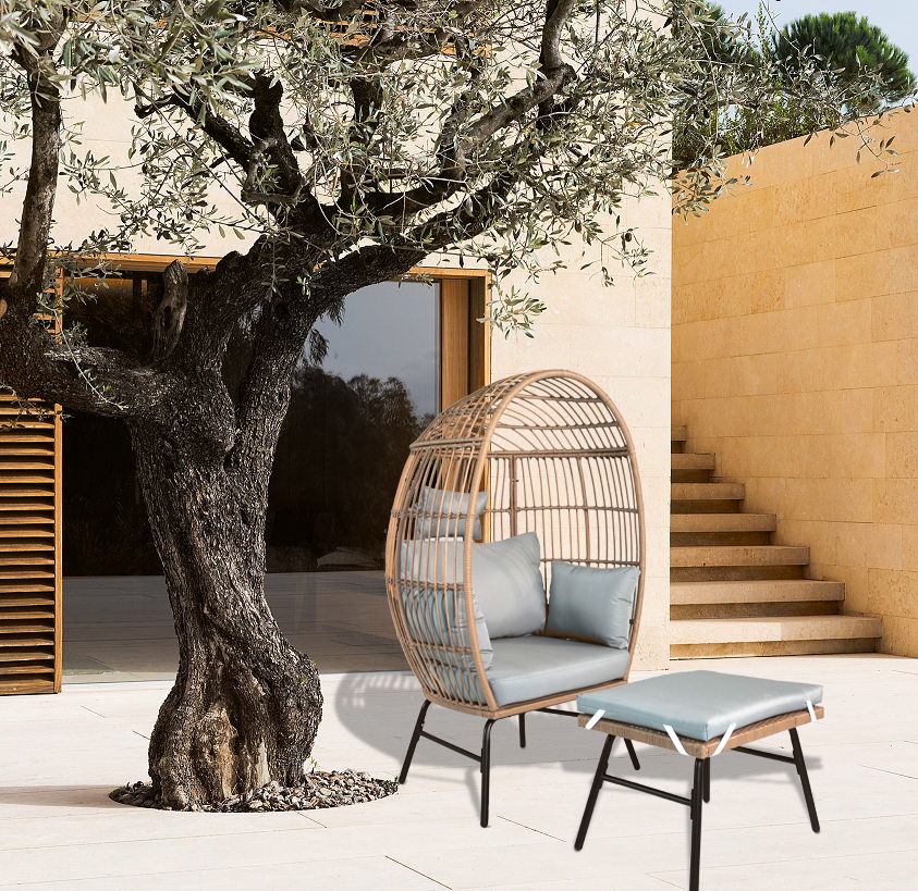 Outdoor Garden Wicker Egg Chair And Footstool Patio Chaise, With Cushions, Outdoor Indoor Basket Chair Home Essentials
