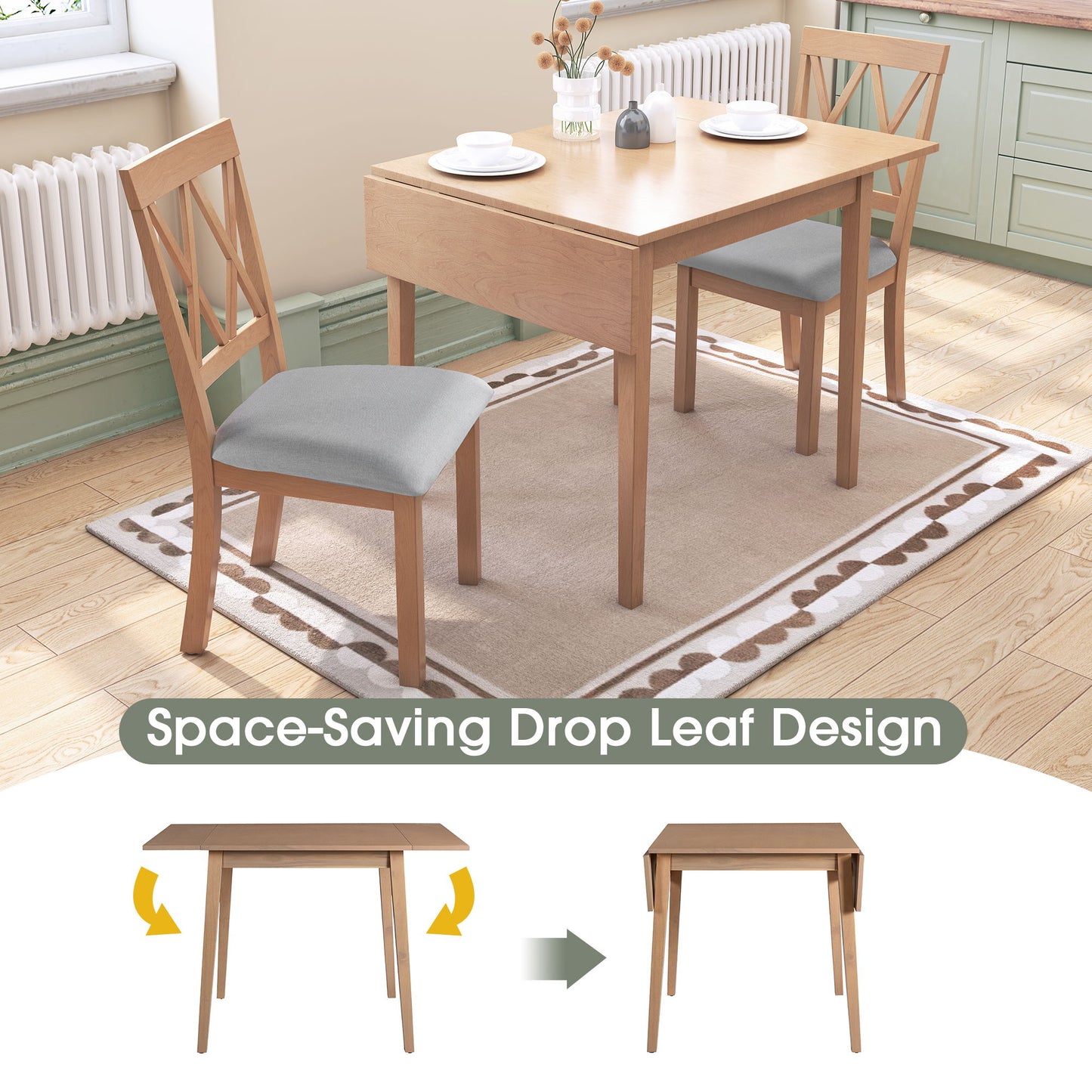 3 Piece Kitchen Dining Set With Drop Leaf Dining Table And 2 Dining Upholstered Chairs, Dining Room Set For Small Places Hearth and Haven