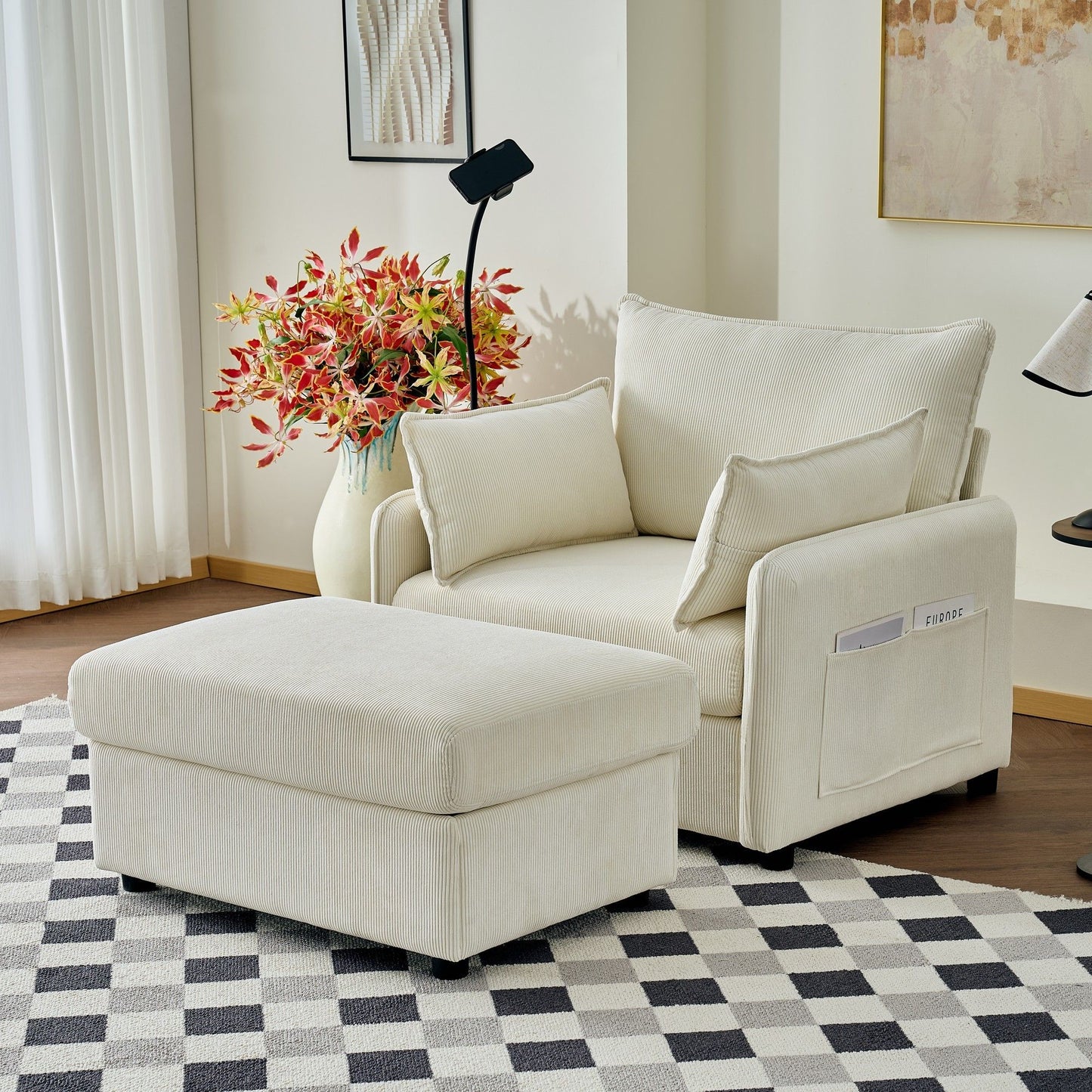 Comfy Corduroy Oversized Chaise Lounge Chair With Ottoman And Storage Home Essentials
