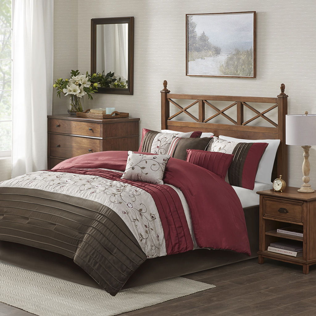 Serene - California King Embroidered Piece Comforter (Set of 7) - Red Madison Park