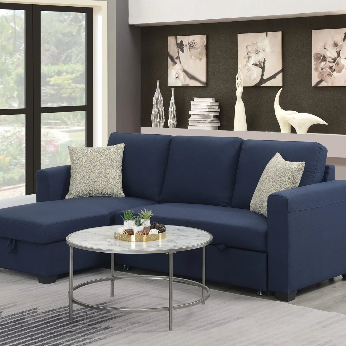 Reversible Sectional With Pop Up Sleeper And Hidden Storage Chaise - Navy Emerald Home