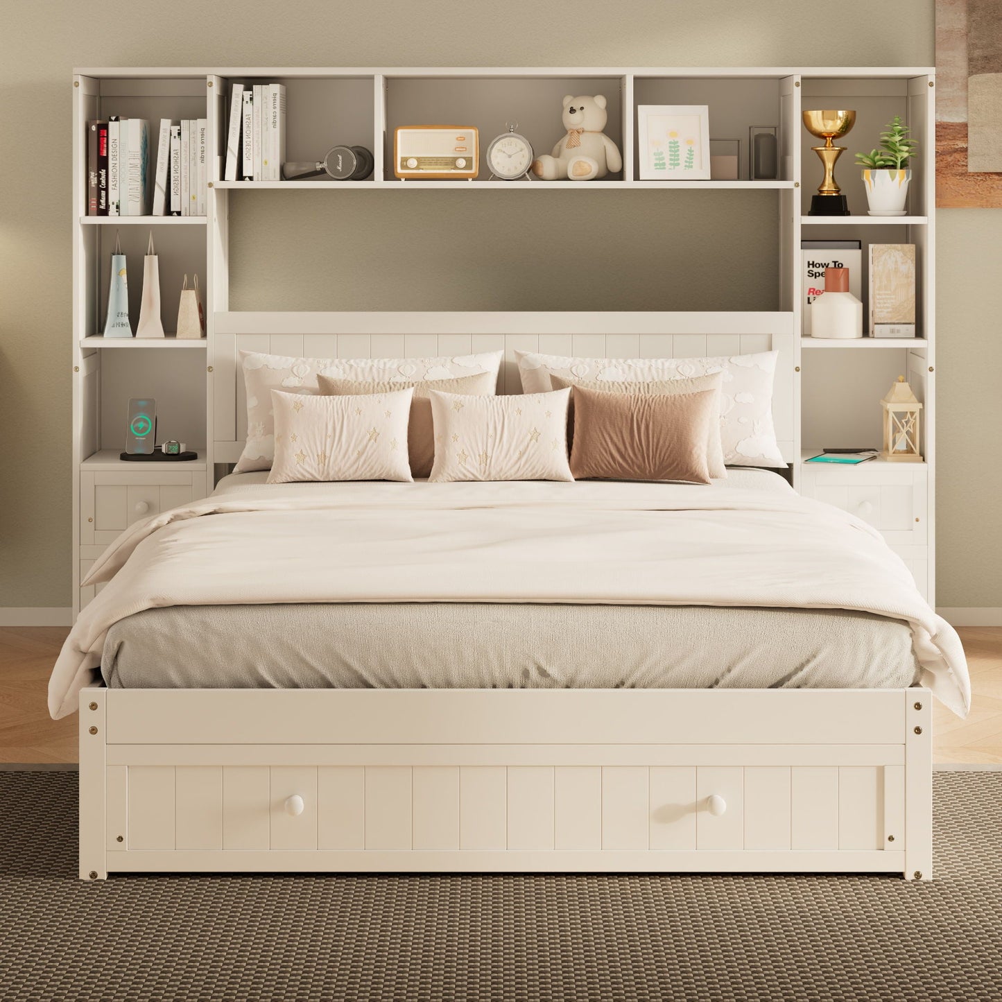 Platform Bed With All In One 2 Nightstand, Storage Shelf And Cabinet Bookcase With 2 Charging Stations Hearth and Haven