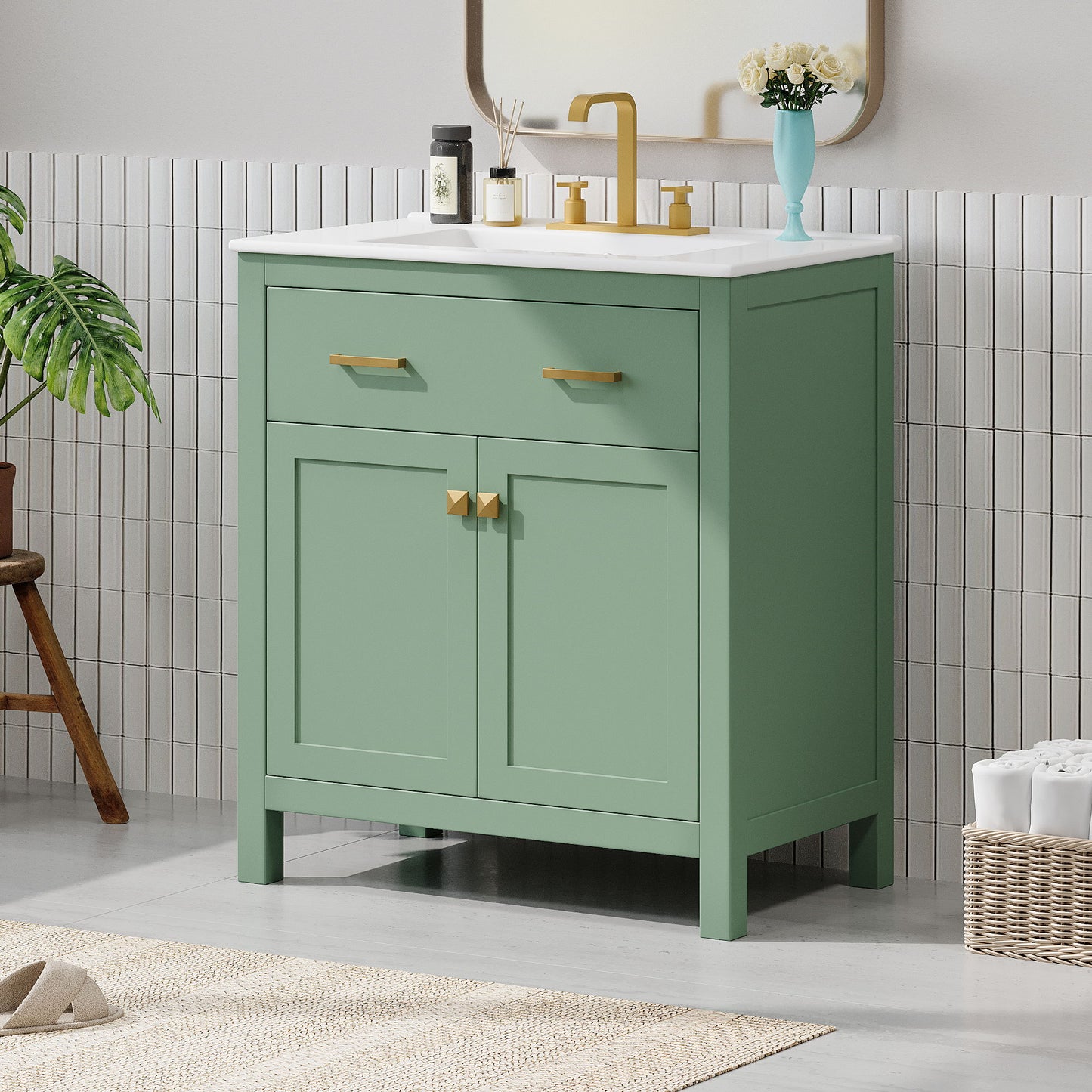 Bathroom Vanity With Ceramic Sink, Modern Single Bathroom Cabinet With 2 Doors And A Shelf, Soft Close Doors Hearth and Haven