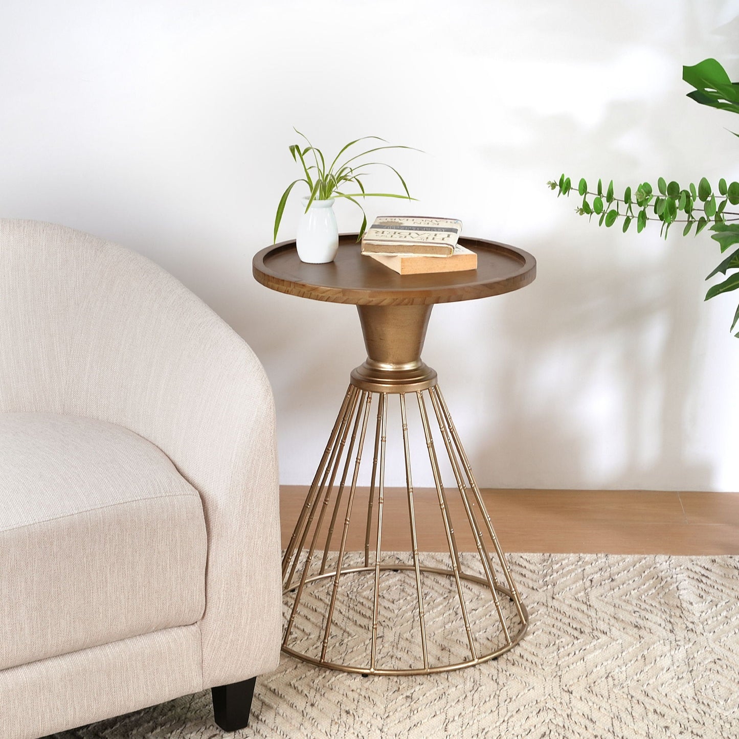 Hollow - Edge Retro Art Pine Side Table With Antique And Natural Color, Iron And Pine Construction - Antique Gold / Natural Noble House