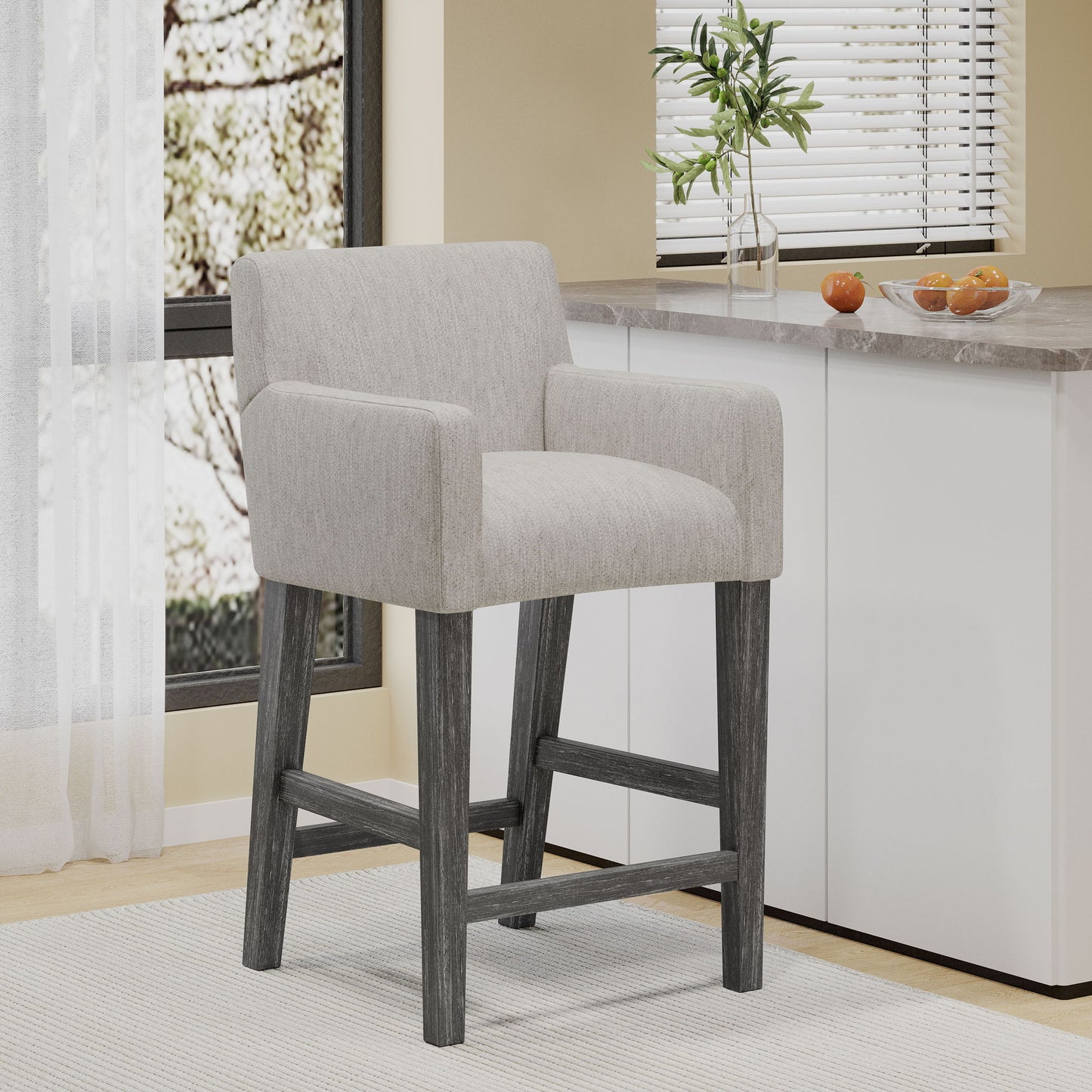 Charmed Upholstered Counter Stool With H Frame Base And Round Arms Noble House