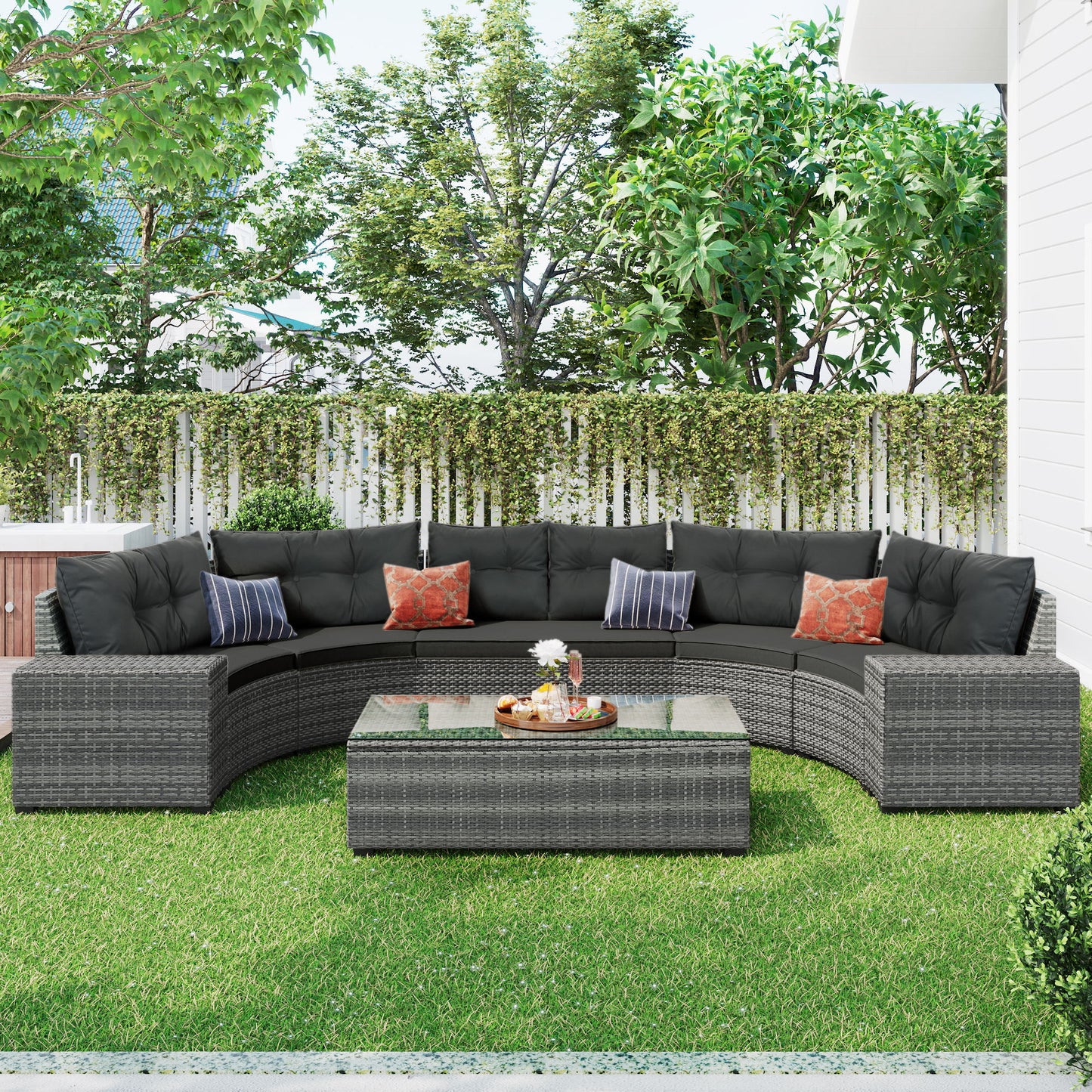 8 Pieces Outdoor Wicker Round Sofa Set, Half-Moon Sectional Sets All Weather, Curved Sofa Set With Rectangular Coffee Table, PE Rattan Water-Resistant And UV Protected, Movable Cushion Hearth and Haven