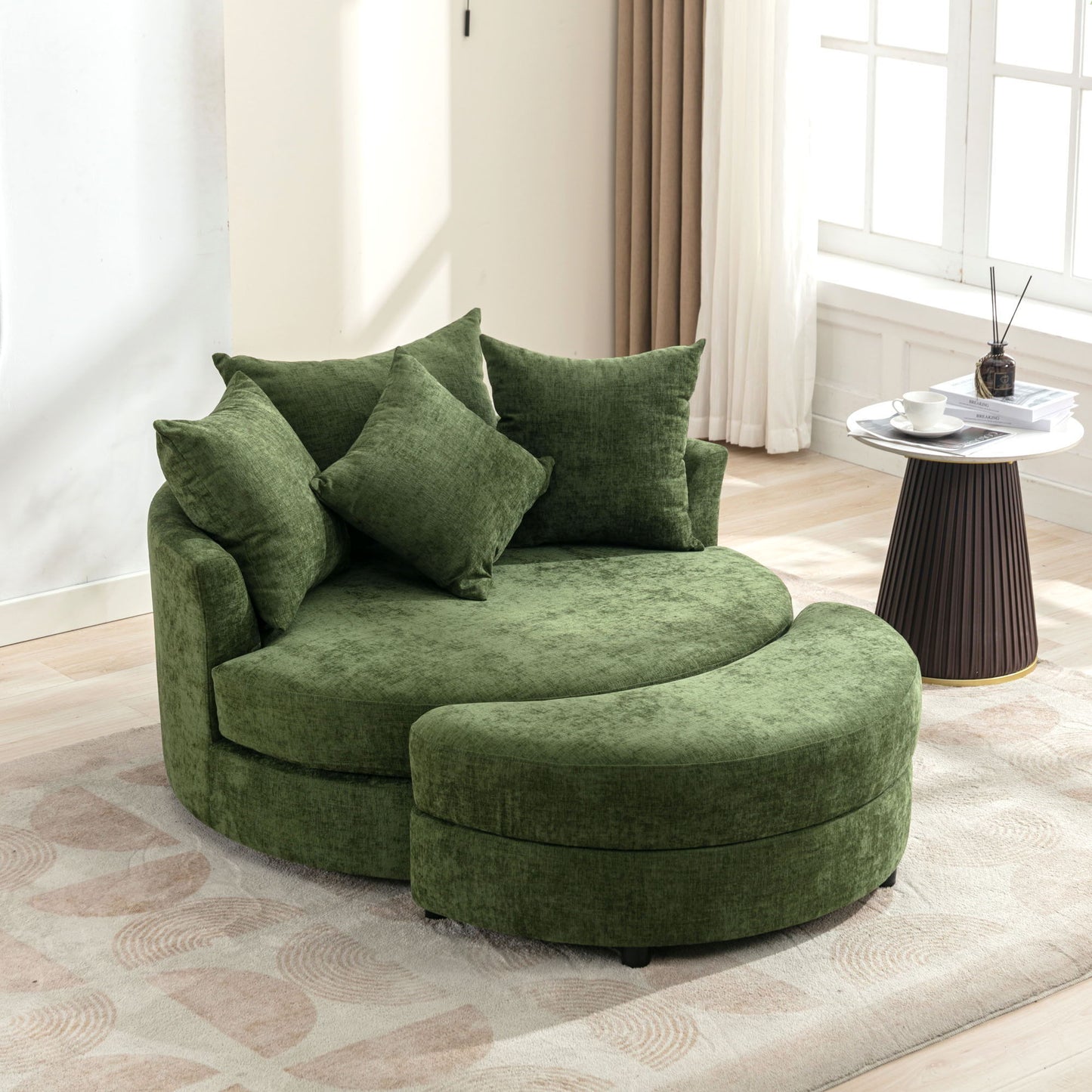 360° Swivel Accent Barrel Chair With Storage Ottoman & 4 Pillows, Modern Chenille Leisure Chair Round Accent For Living Room Hearth and Haven