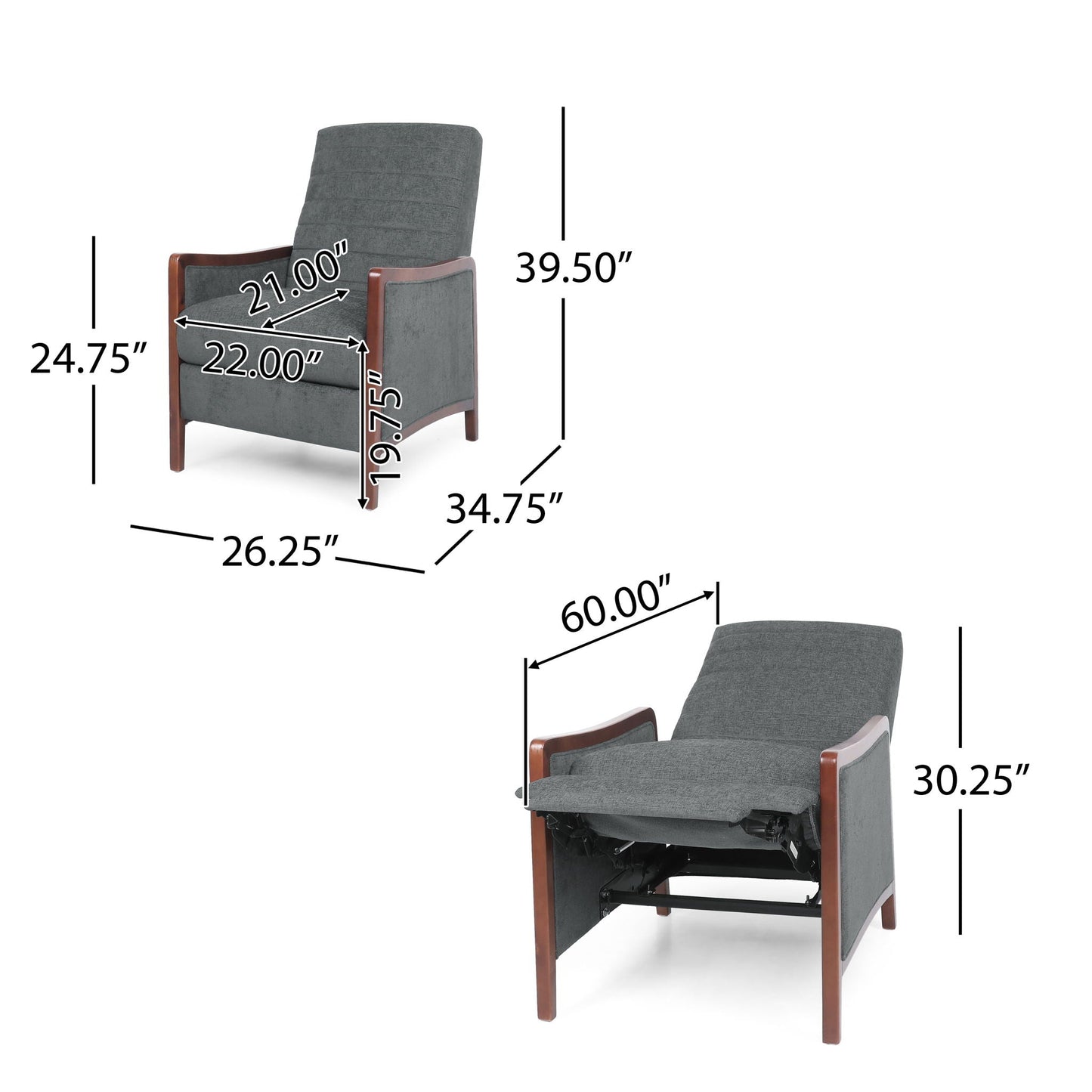 Mendota - Mid Century Modern Fabric Channel Stitch Wood Pushback Recliner - Gray Noble House