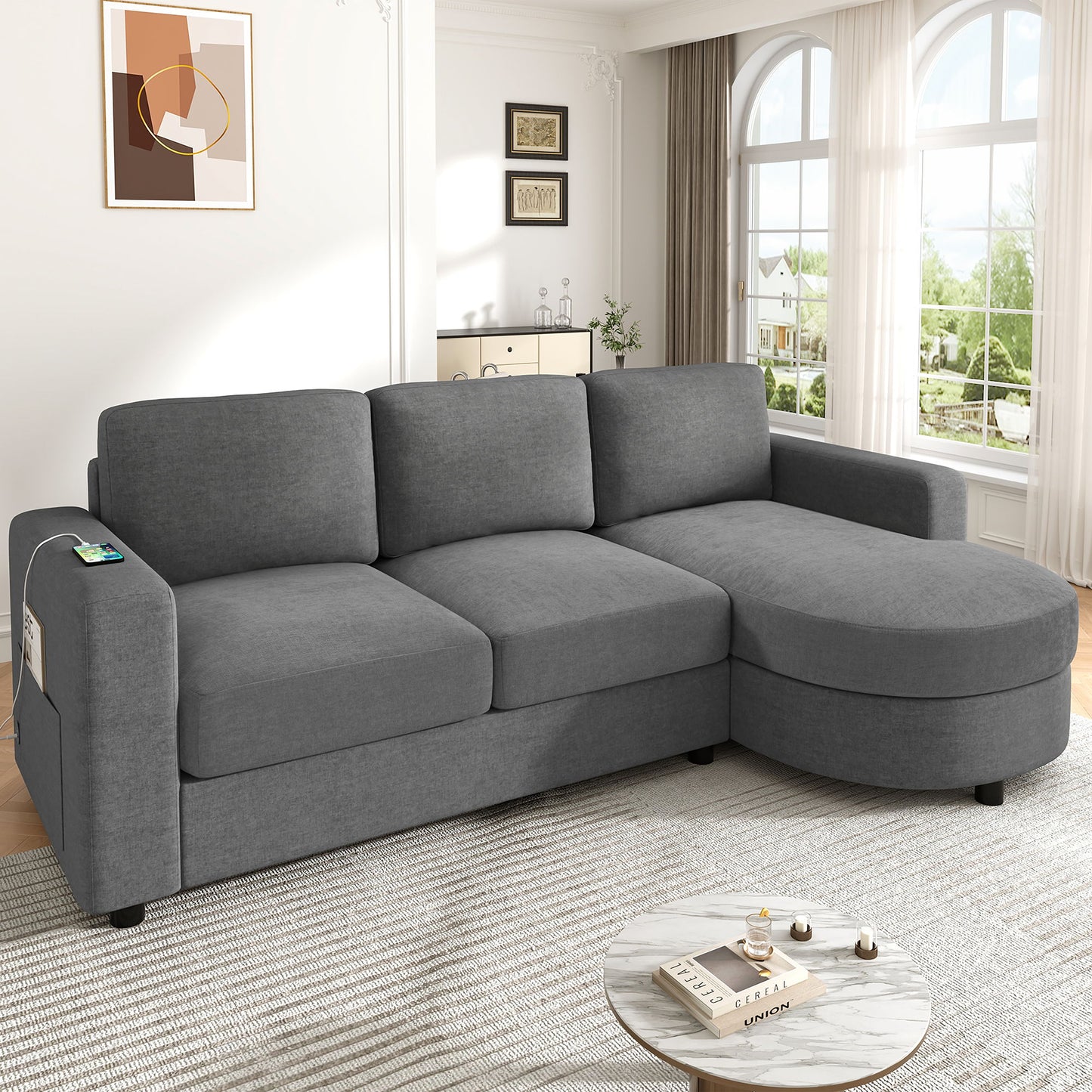 Modern L-Shaped Sectional Sofa With Curved Chaise, USB Ports, And Side Storage Pockets Hearth and Haven