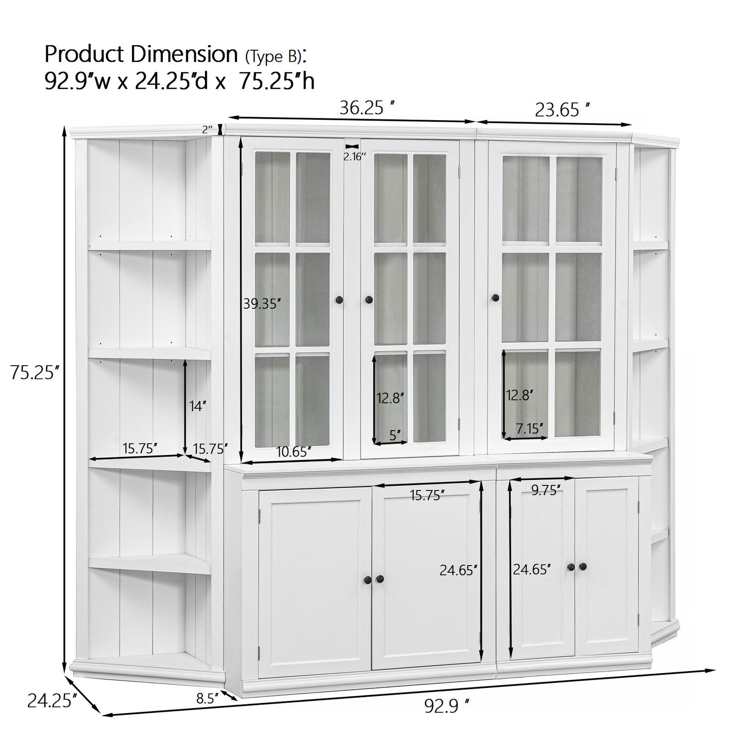 Retro Style Wall Suit With Glass Doors, 75.25" Tall Display Cabinets & Triangle Sided Bookshelves - White Hearth and Haven