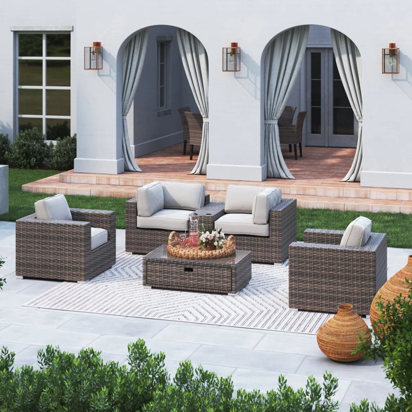 Wicker Seating Group Set With Table And Cushions LSI Patio Furniture