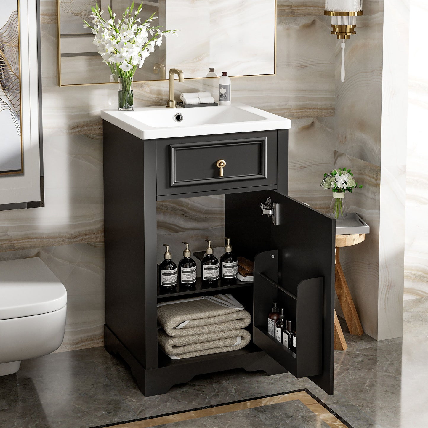 Elegant Bathroom Vanity With Ceramic Sink, Soft Close Door, Adjustable Shelf Hearth and Haven