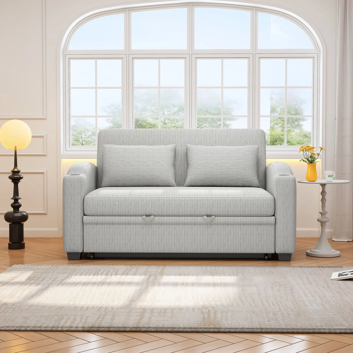 Pull Out Loveseat Sofa With Adjsutable Backrest, 2 Pillows, Cup Holders, USB Ports For Living Room Hearth and Haven