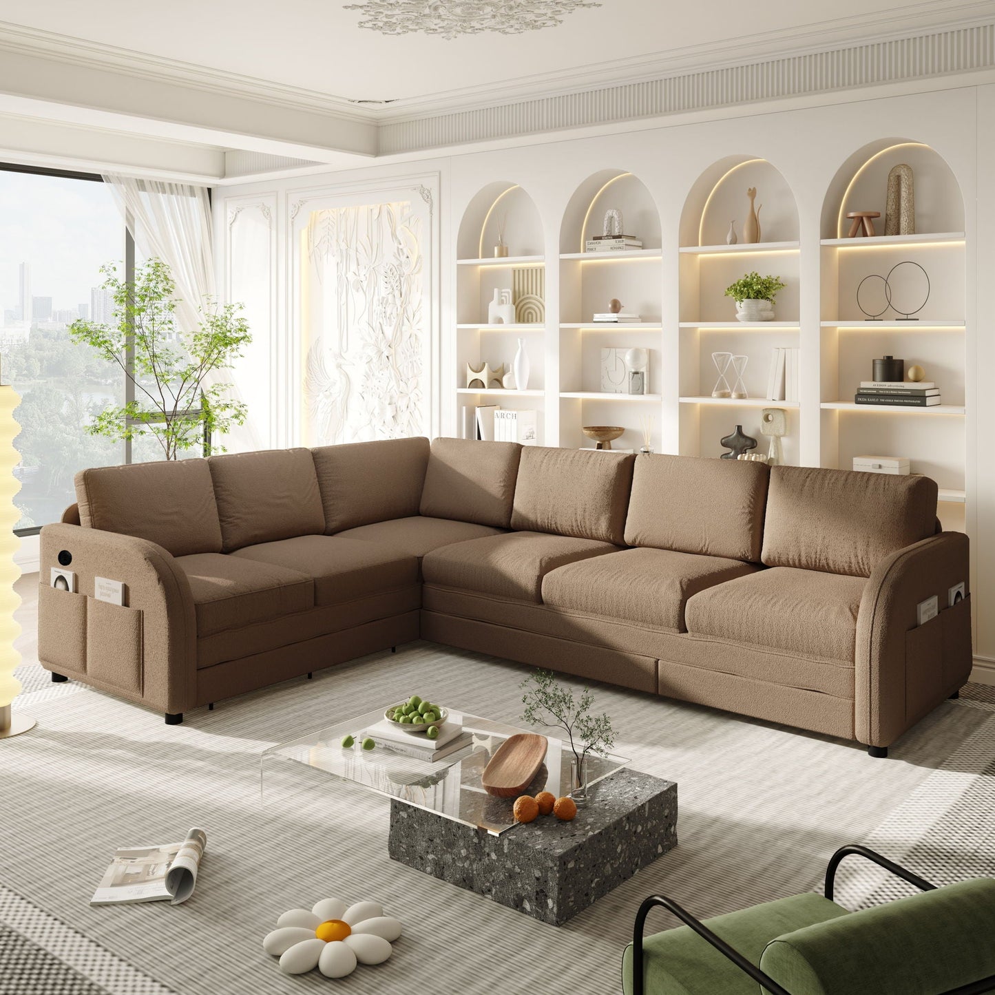 L-Shaped Couch With Pull-Out Bed, Convertible Sleeper Sofa With Side Pocket & USB Port Home Essentials