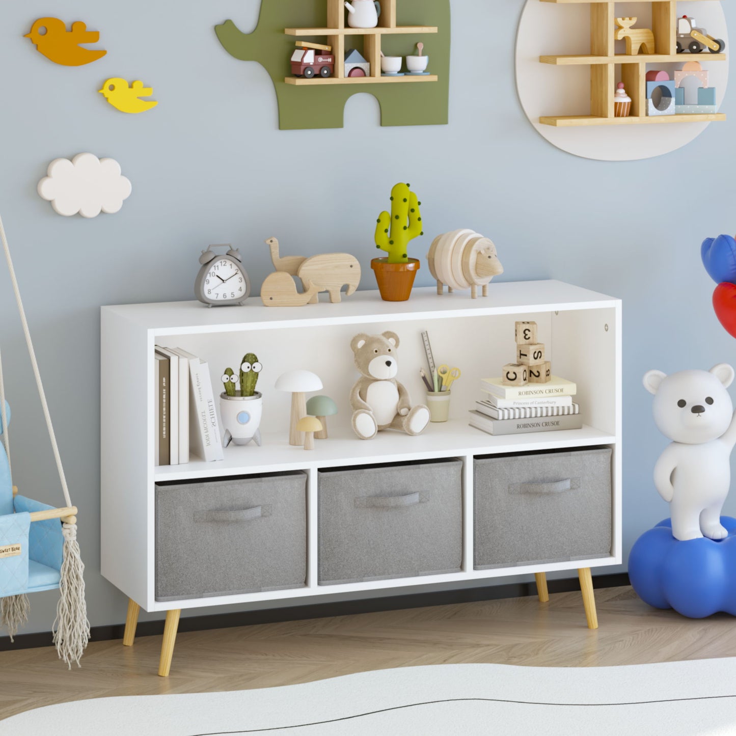 Kids Bookcase With Collapsible Fabric Drawers, Children's Book Display, Toy Storage Cabinet Organizer - White / Gray Home Essentials